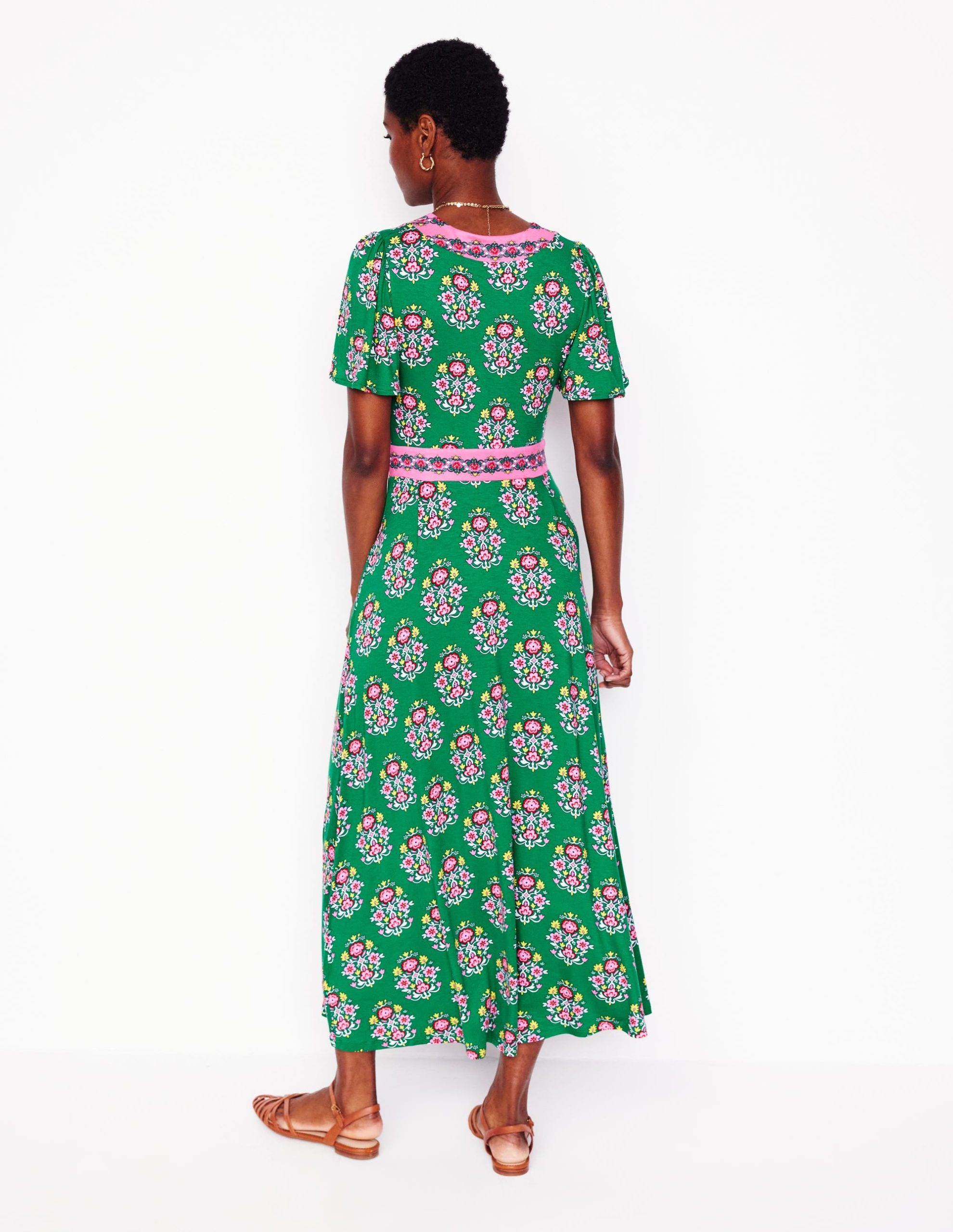 Ellie Flutter Maxi Tea Dress-Rich Emerald. Wildflower Stamp - Image 4