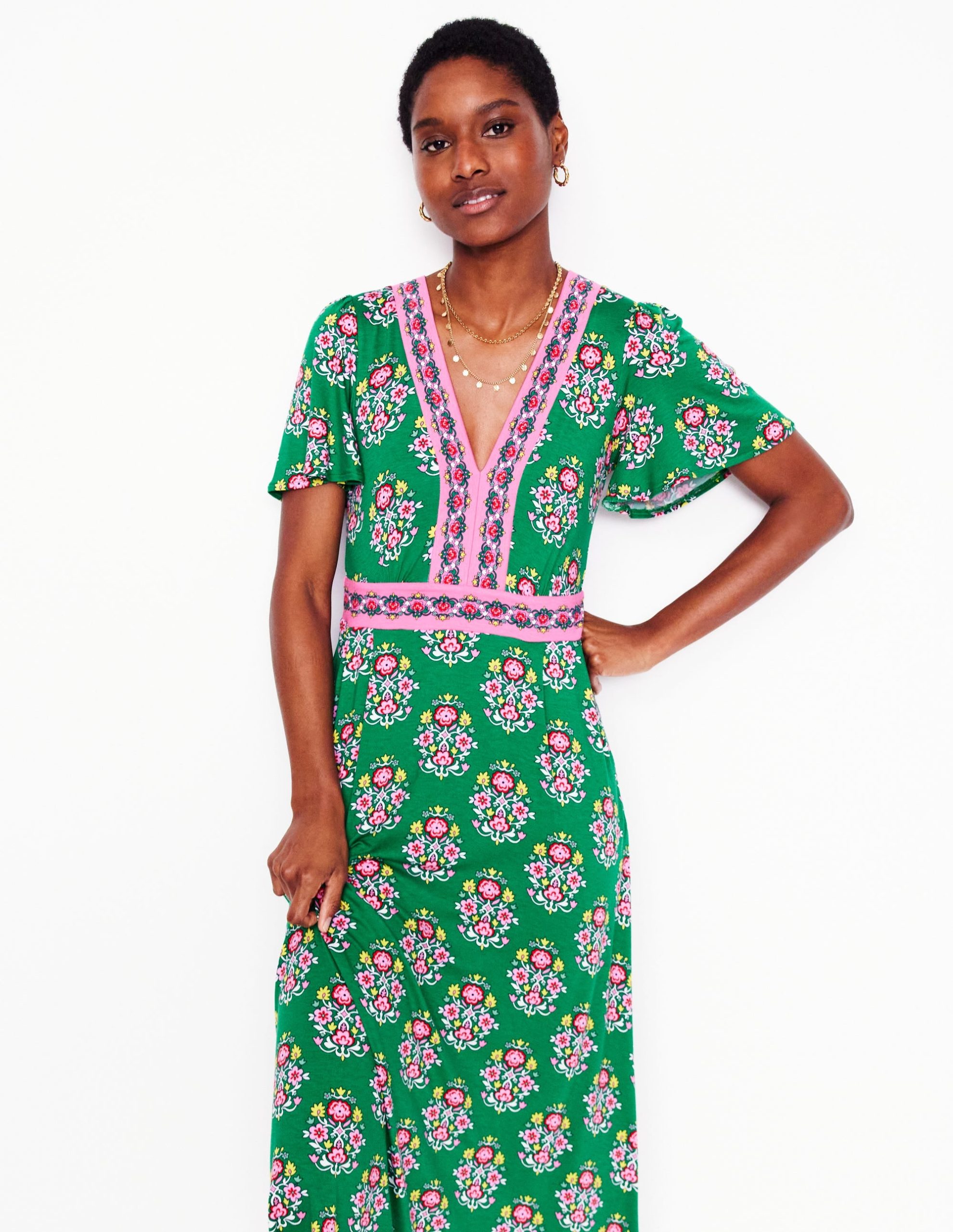 Ellie Flutter Maxi Tea Dress-Rich Emerald. Wildflower Stamp - Image 5