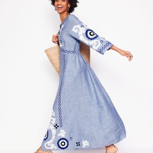 Una Linen Embroidered Dress-Chambray