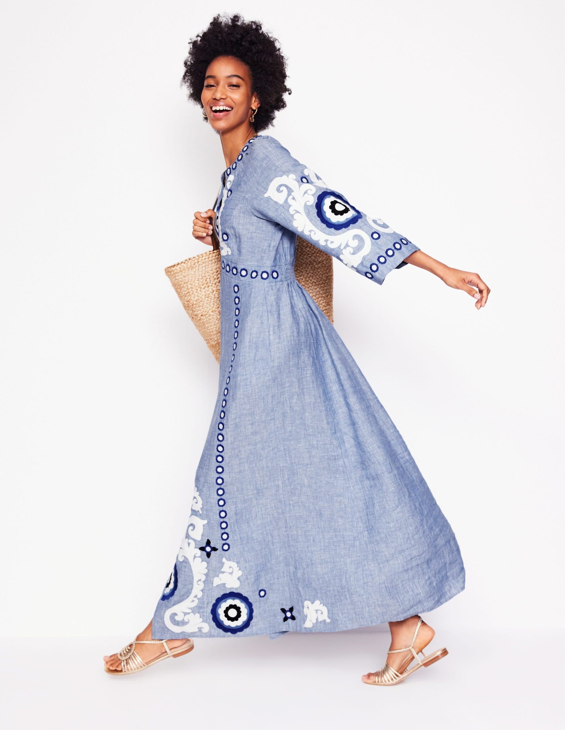 Una Linen Embroidered Dress-Chambray