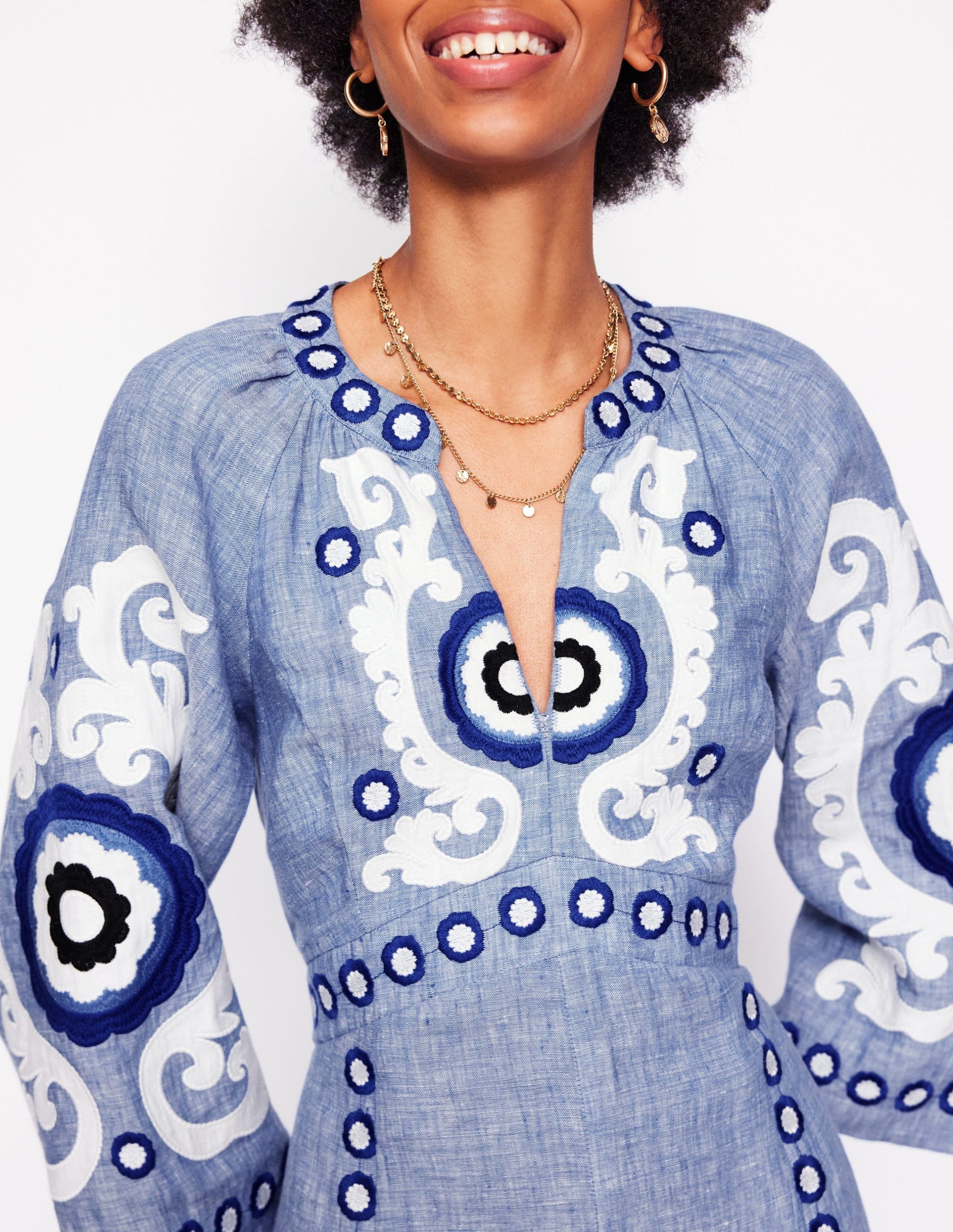 Una Linen Embroidered Dress-Chambray - Image 3