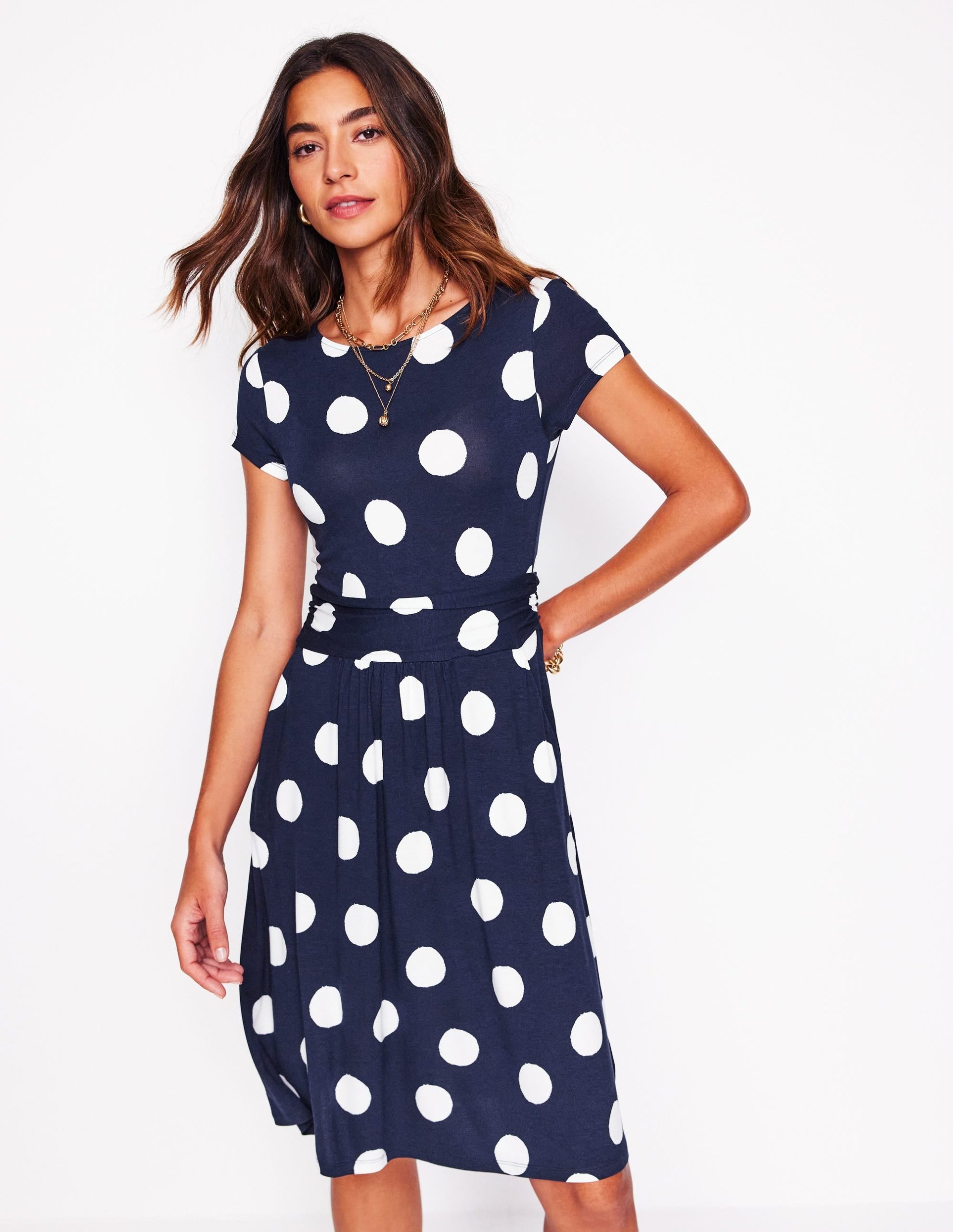 Amelie Jersey Dress-French Navy. Abstract Dot