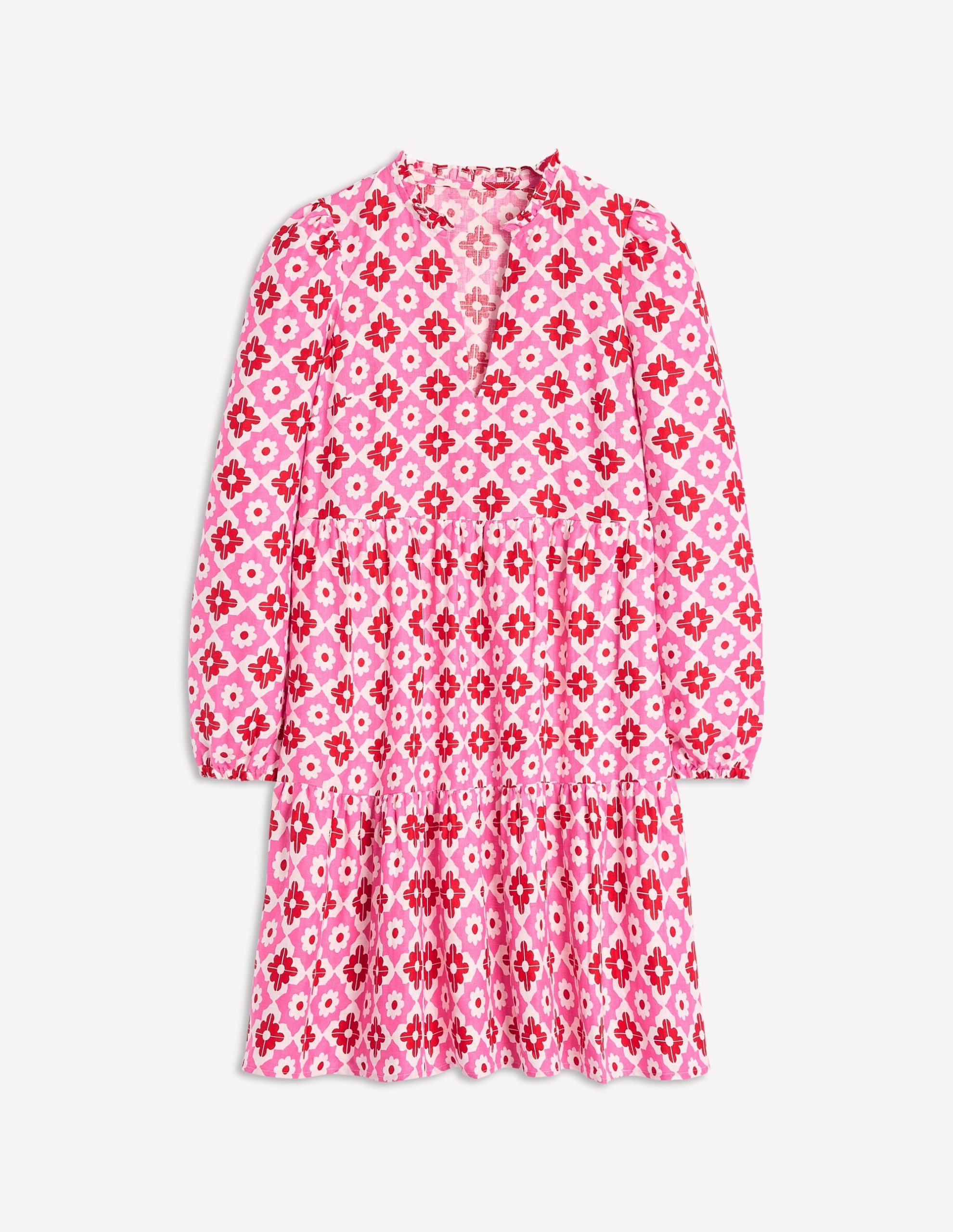 Esme Linen Mini Dress-Pink Power. Geometric Stamp - Image 5