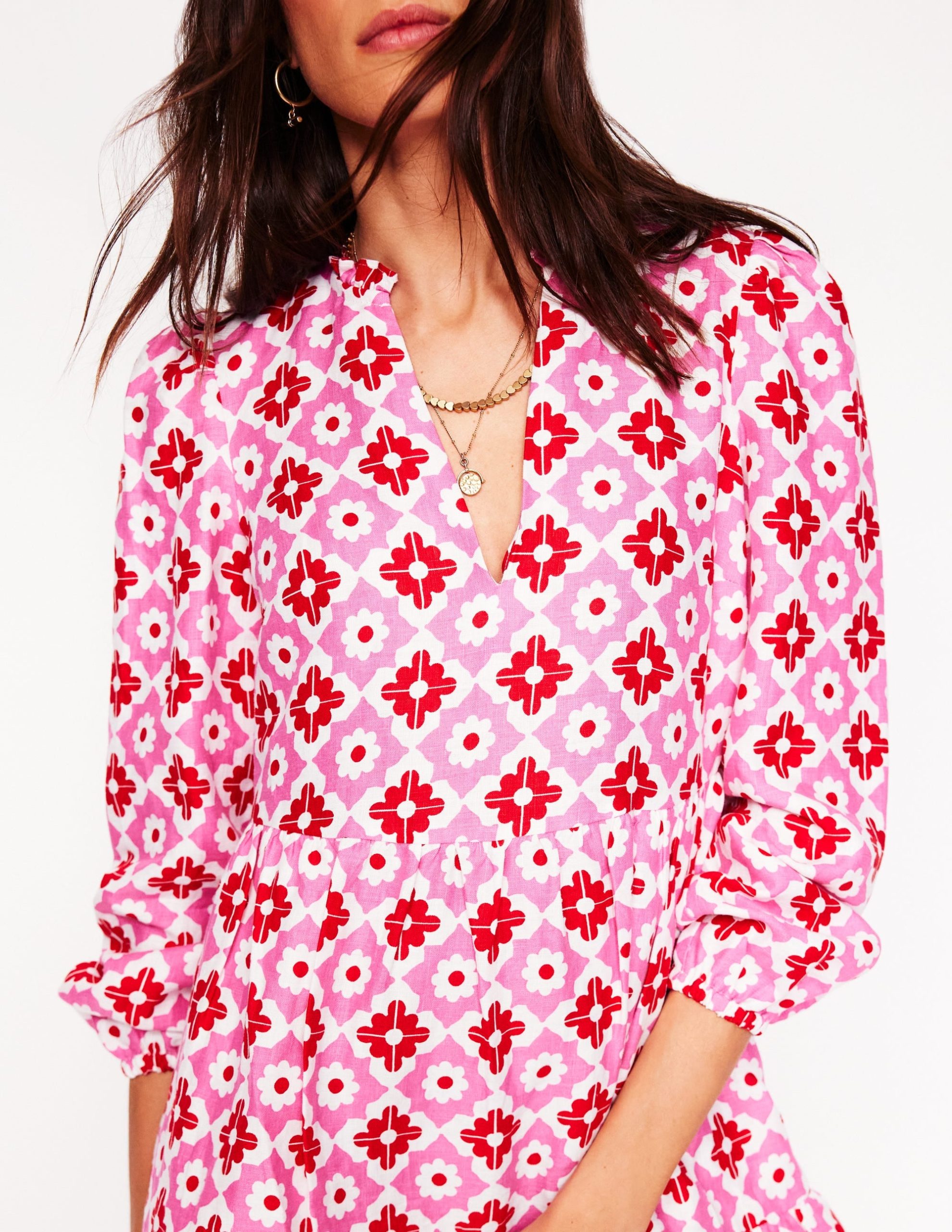 Esme Linen Mini Dress-Pink Power. Geometric Stamp - Image 2