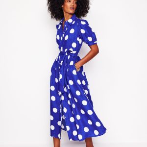 Alexa Linen Maxi Shirt Dress-Bright Blue. Abstract Dot