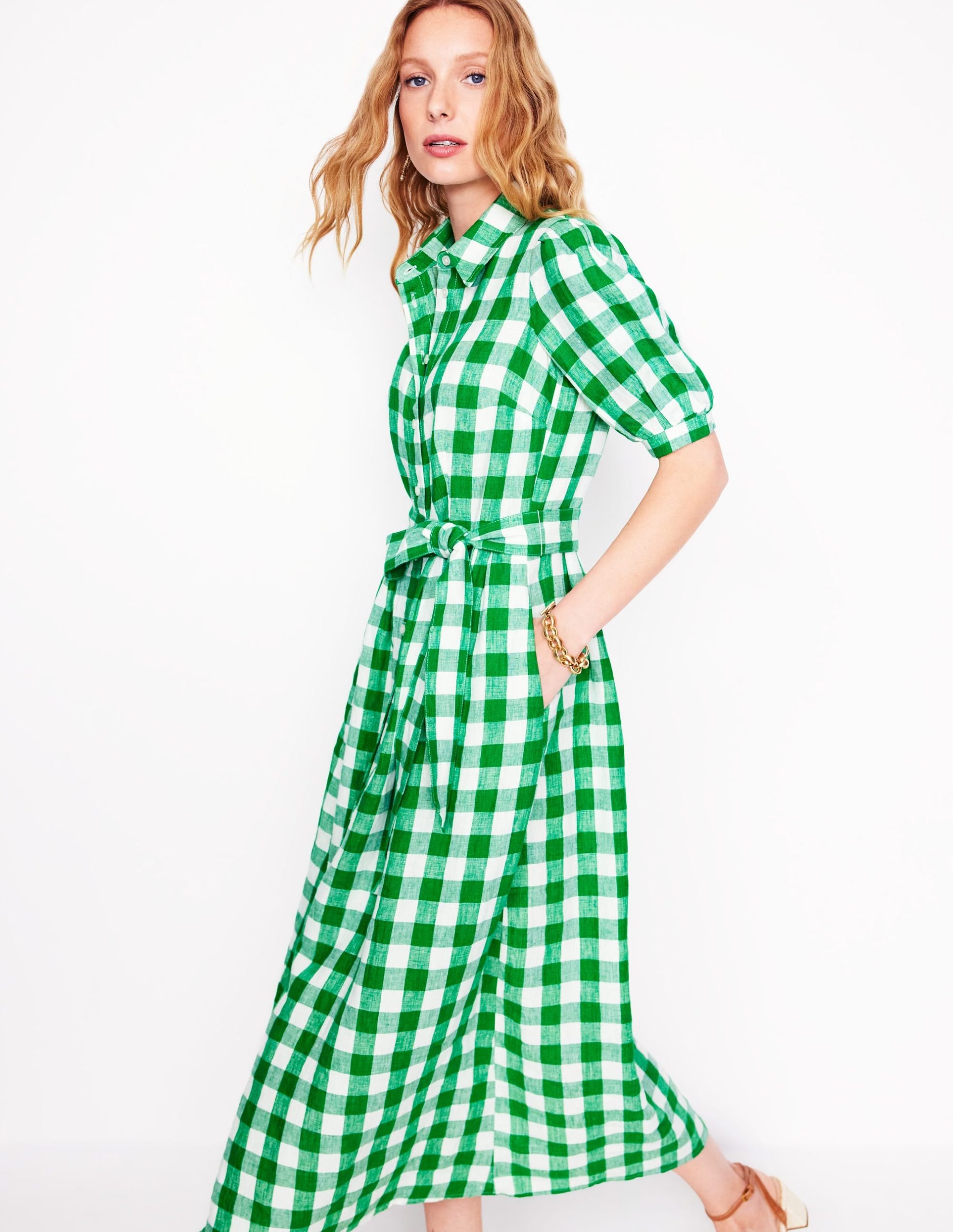 Alexa Linen Maxi Shirt Dress-Rich Emerald Gingham - Image 5