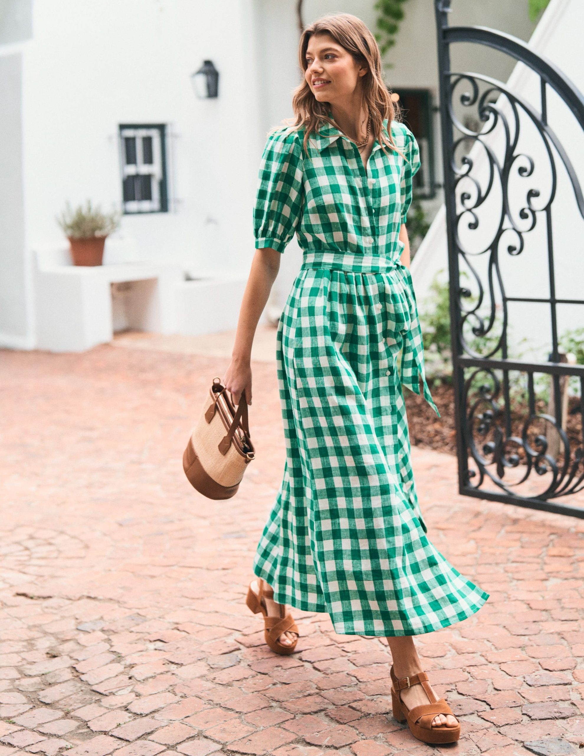 Alexa Linen Maxi Shirt Dress-Rich Emerald Gingham - Image 2