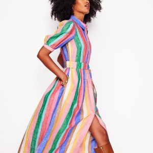 Alexa Linen Maxi Shirt Dress-Bright Rainbow Stripe