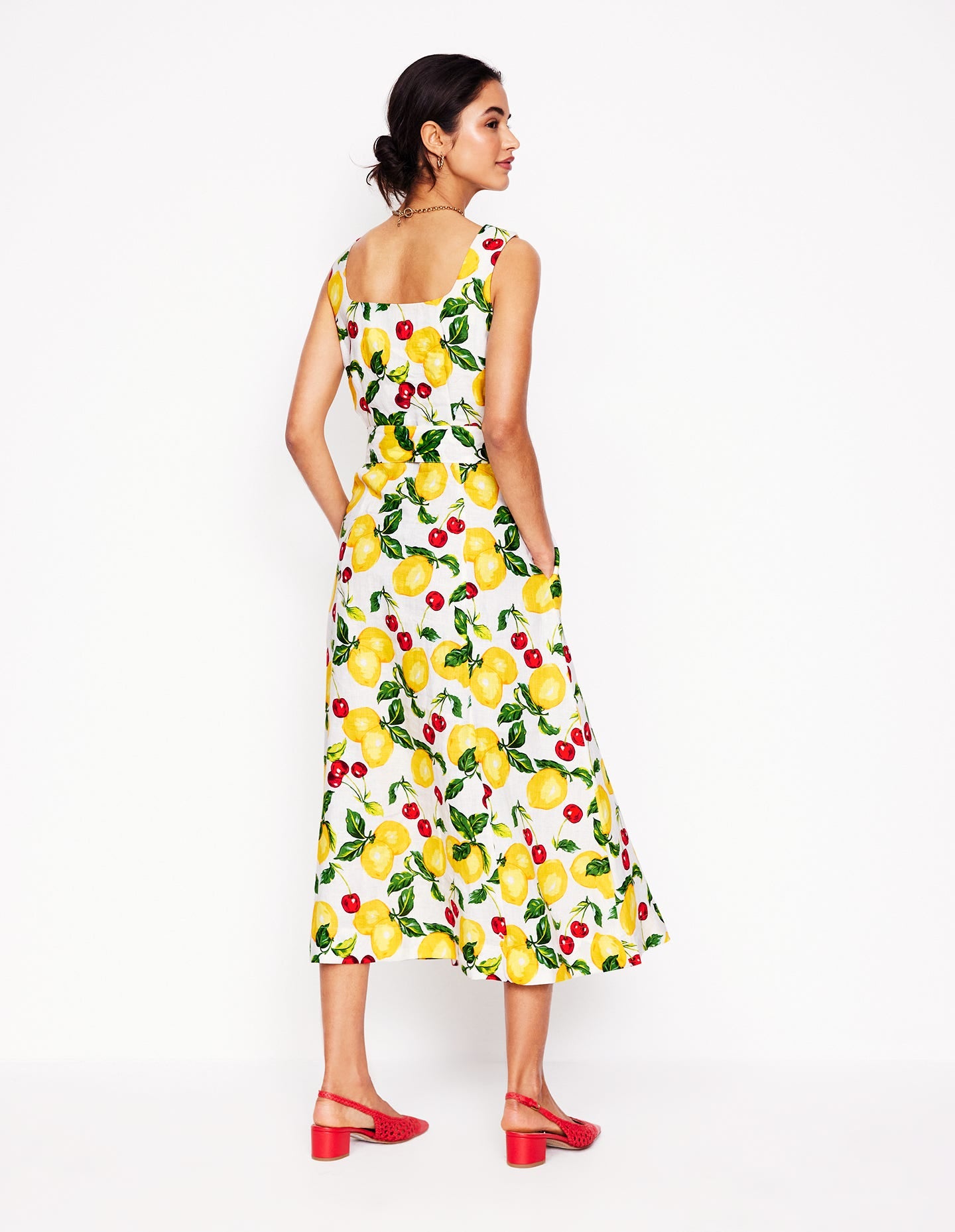 Square Neck Linen Midi Dress-Ivory. Cherries and Lemons - Image 4
