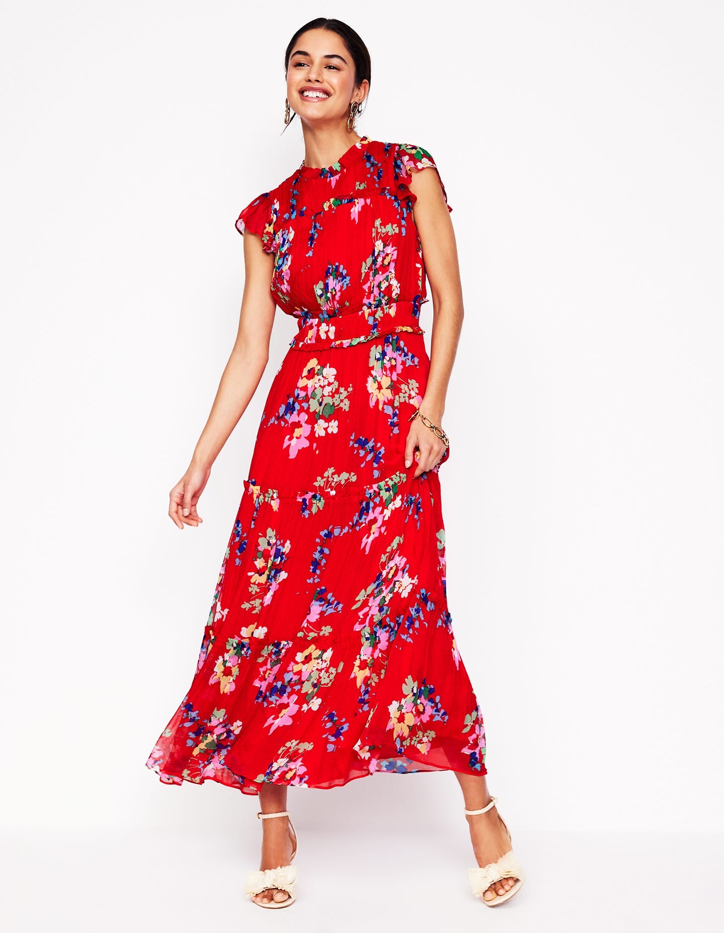 High Neck Sleeveless Dress-Rouge. Delicate Blooms