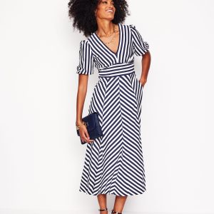 Ponte Panelled Tea Dress-French Navy. Ivory Stripe