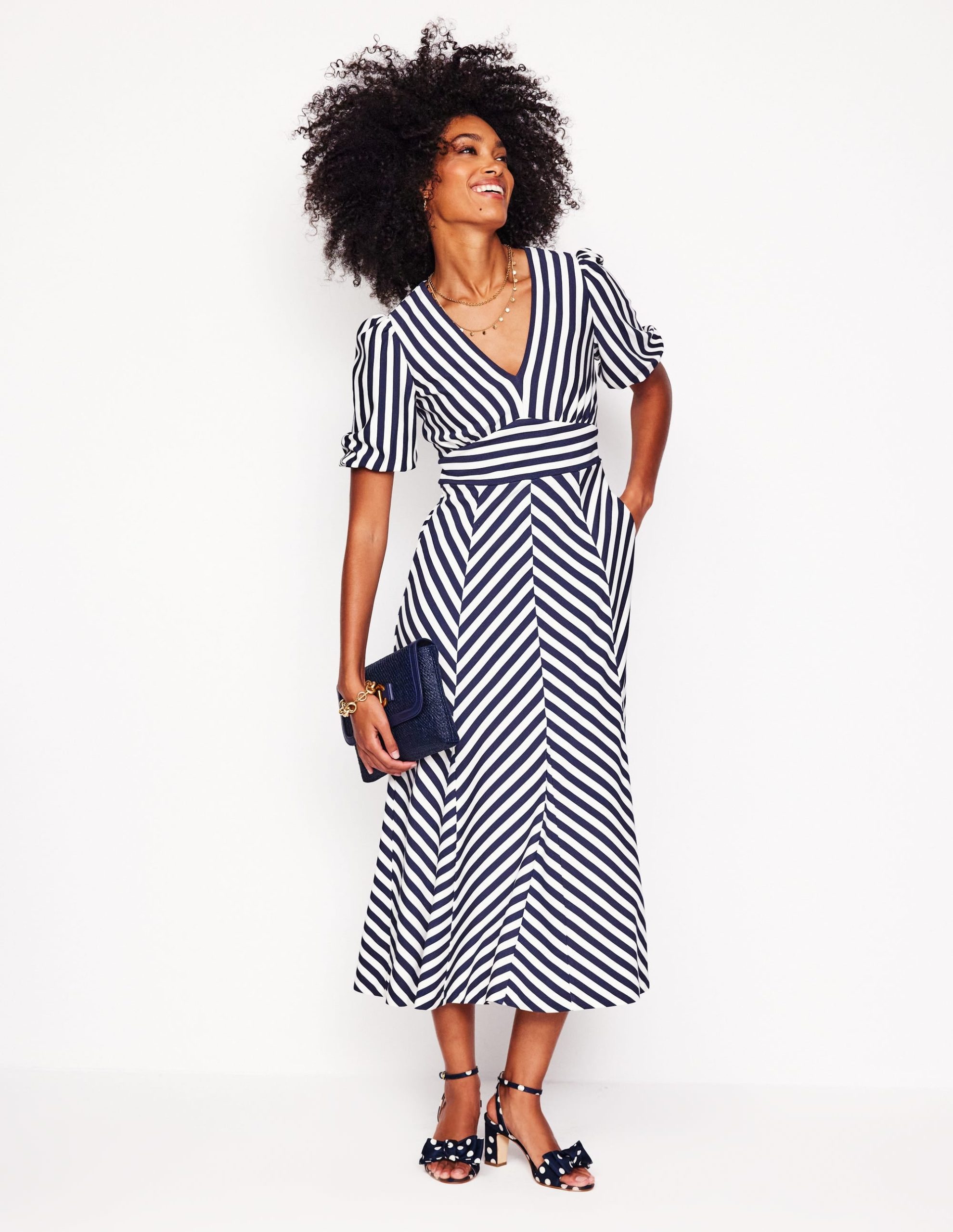 Ponte Panelled Tea Dress-French Navy. Ivory Stripe