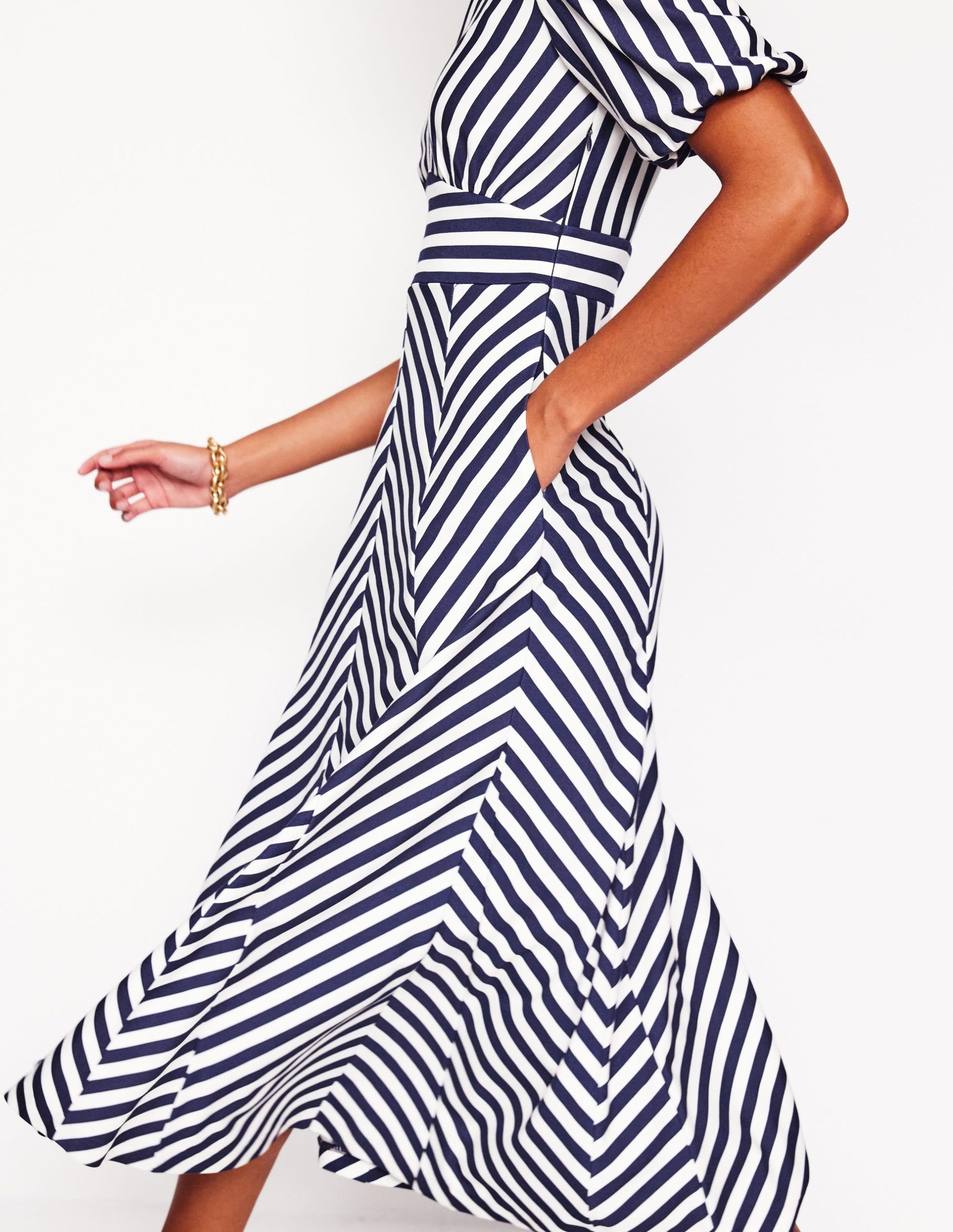 Ponte Panelled Tea Dress-French Navy. Ivory Stripe - Image 2