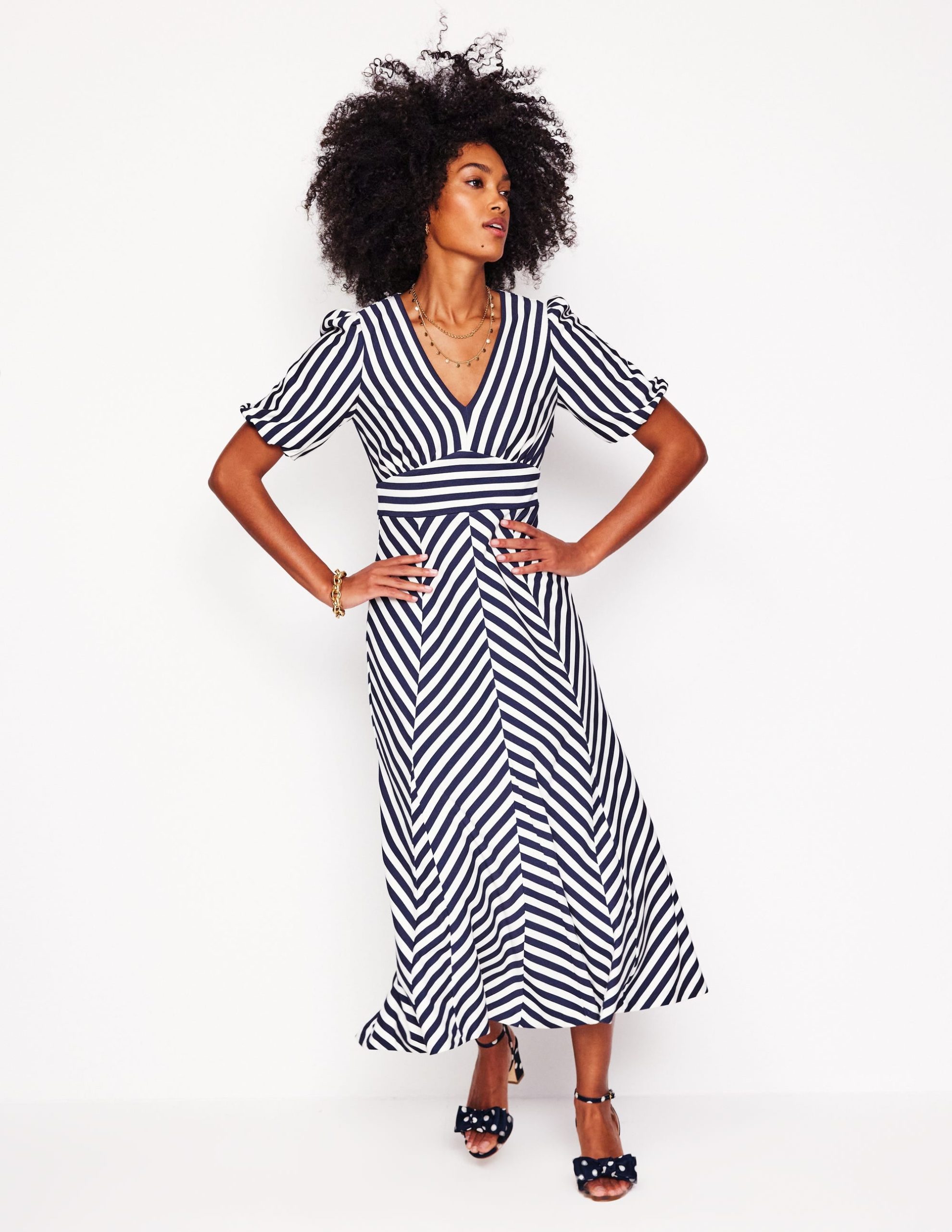 Ponte Panelled Tea Dress-French Navy. Ivory Stripe - Image 4