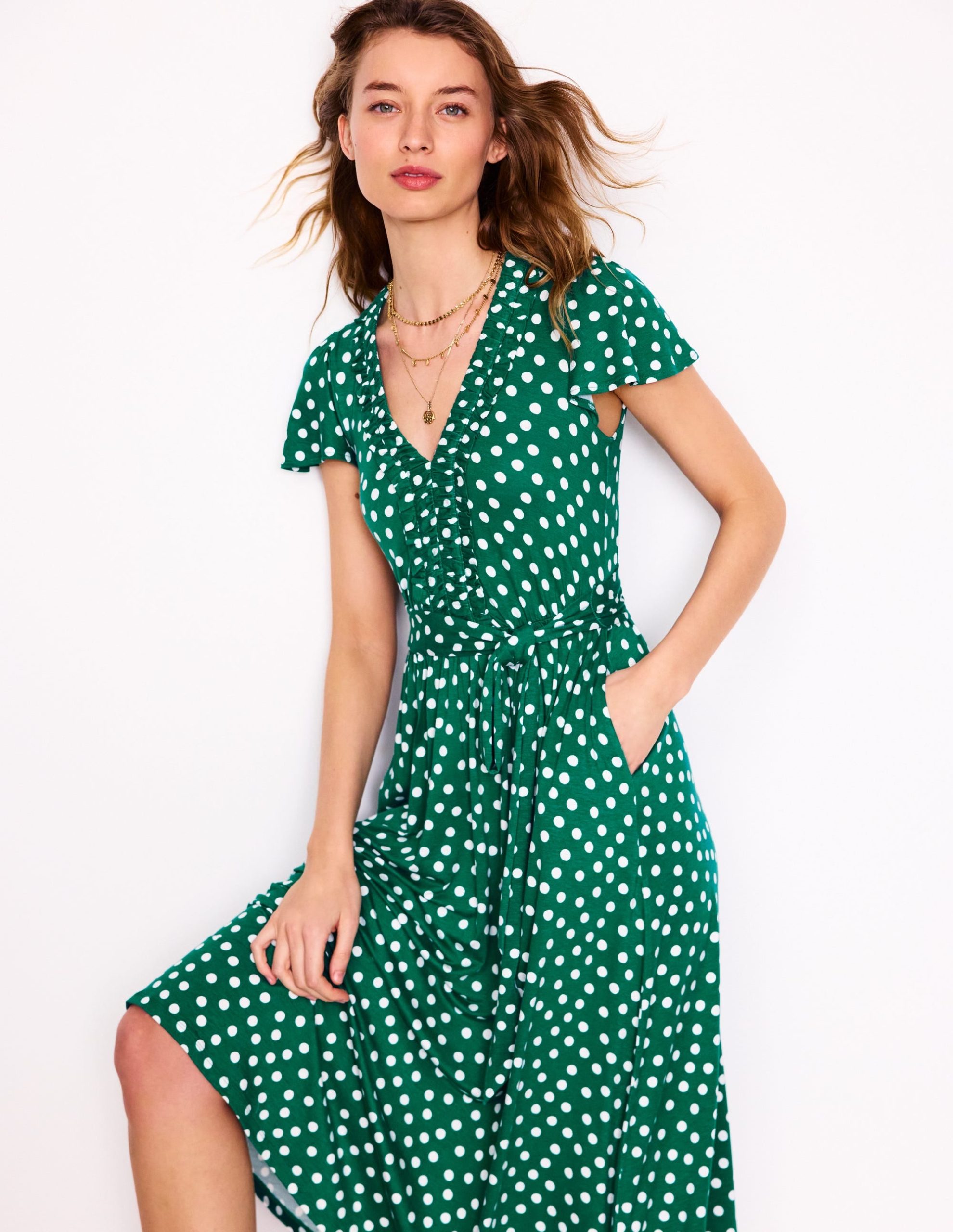 Nicola Jersey Tea Dress-Forest Grass. Painted Dot