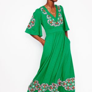 Maya Embroidered Kimono Dress-Rich Emerald. Embroidered