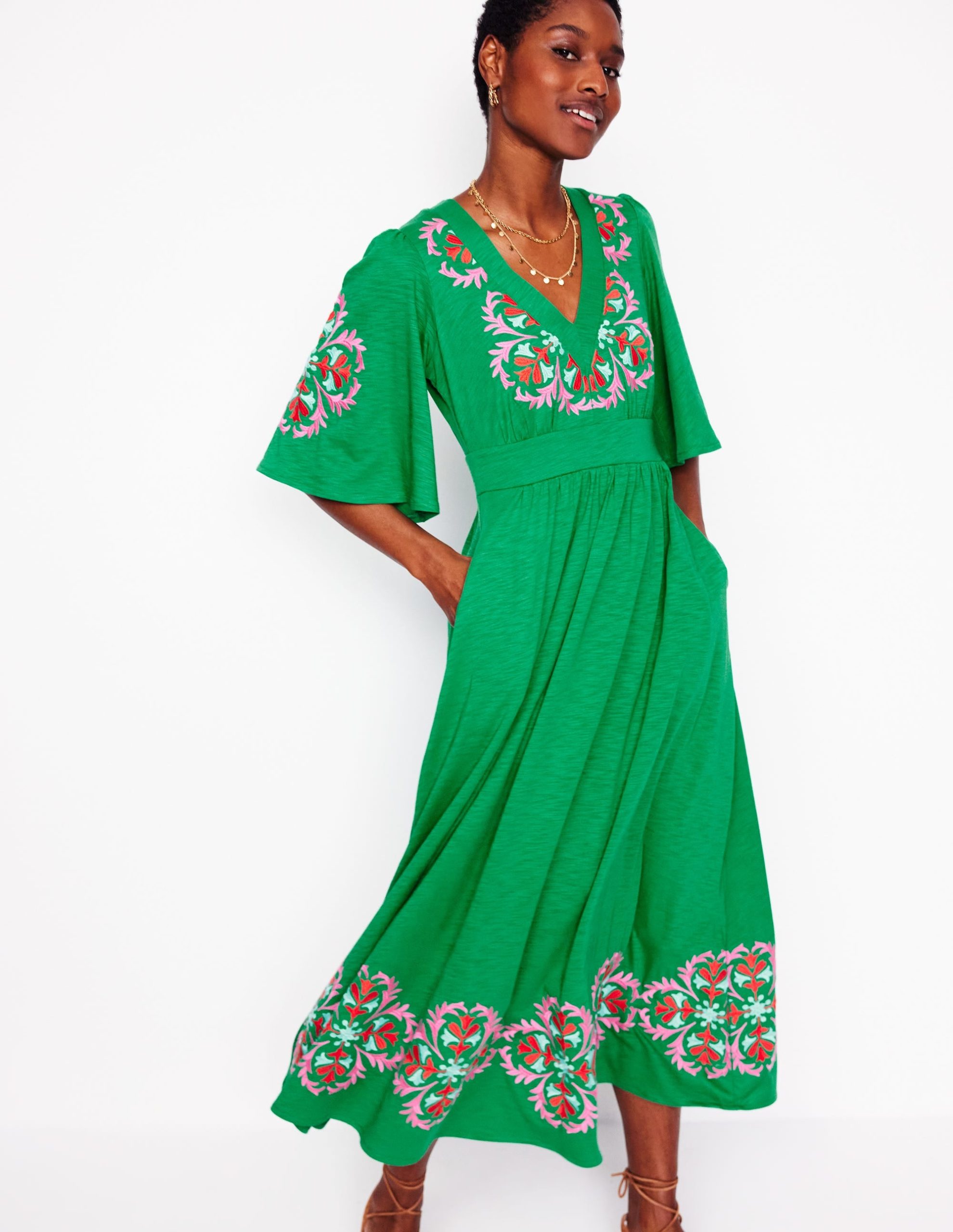 Maya Embroidered Kimono Dress-Rich Emerald. Embroidered