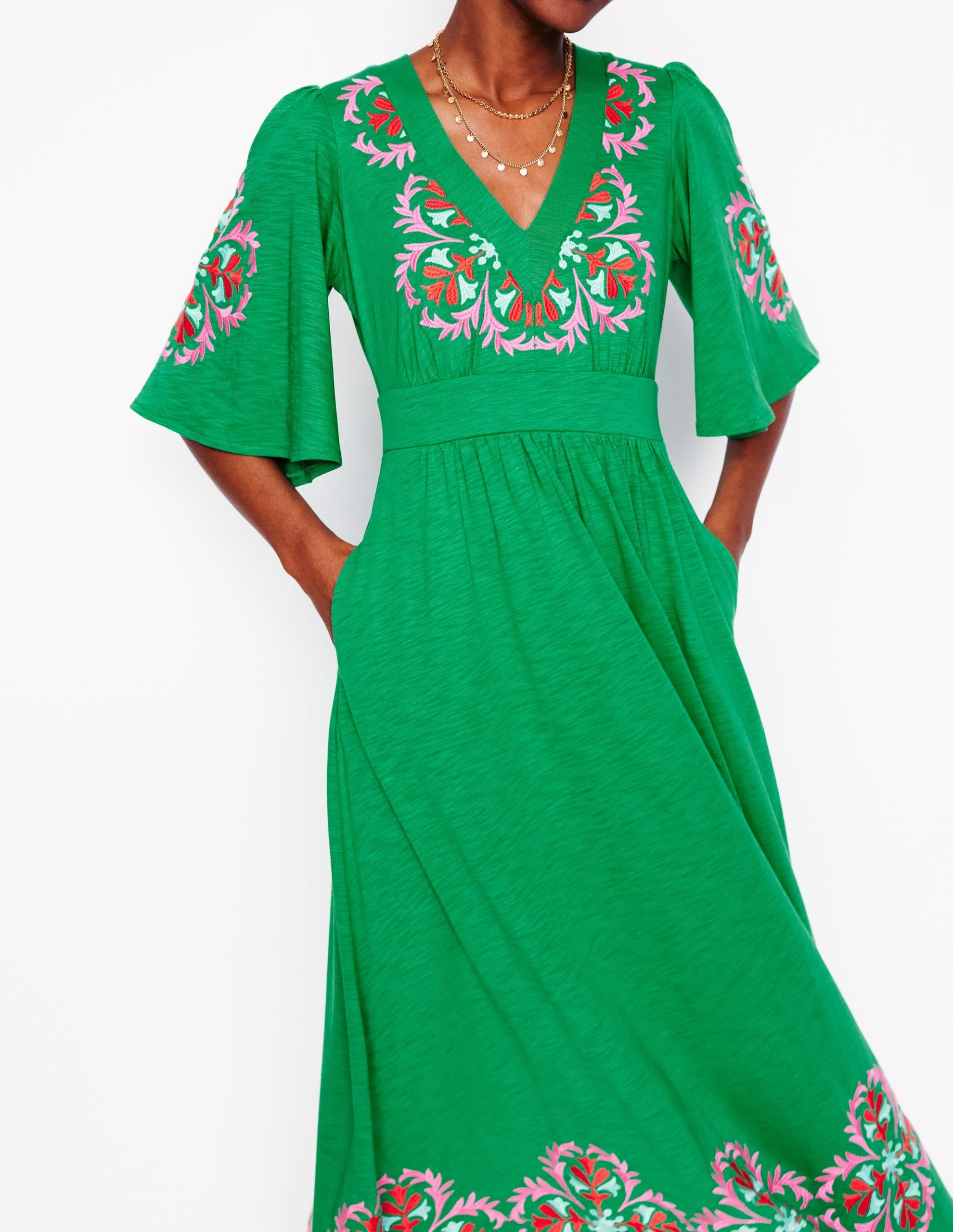 Maya Embroidered Kimono Dress-Rich Emerald. Embroidered - Image 2