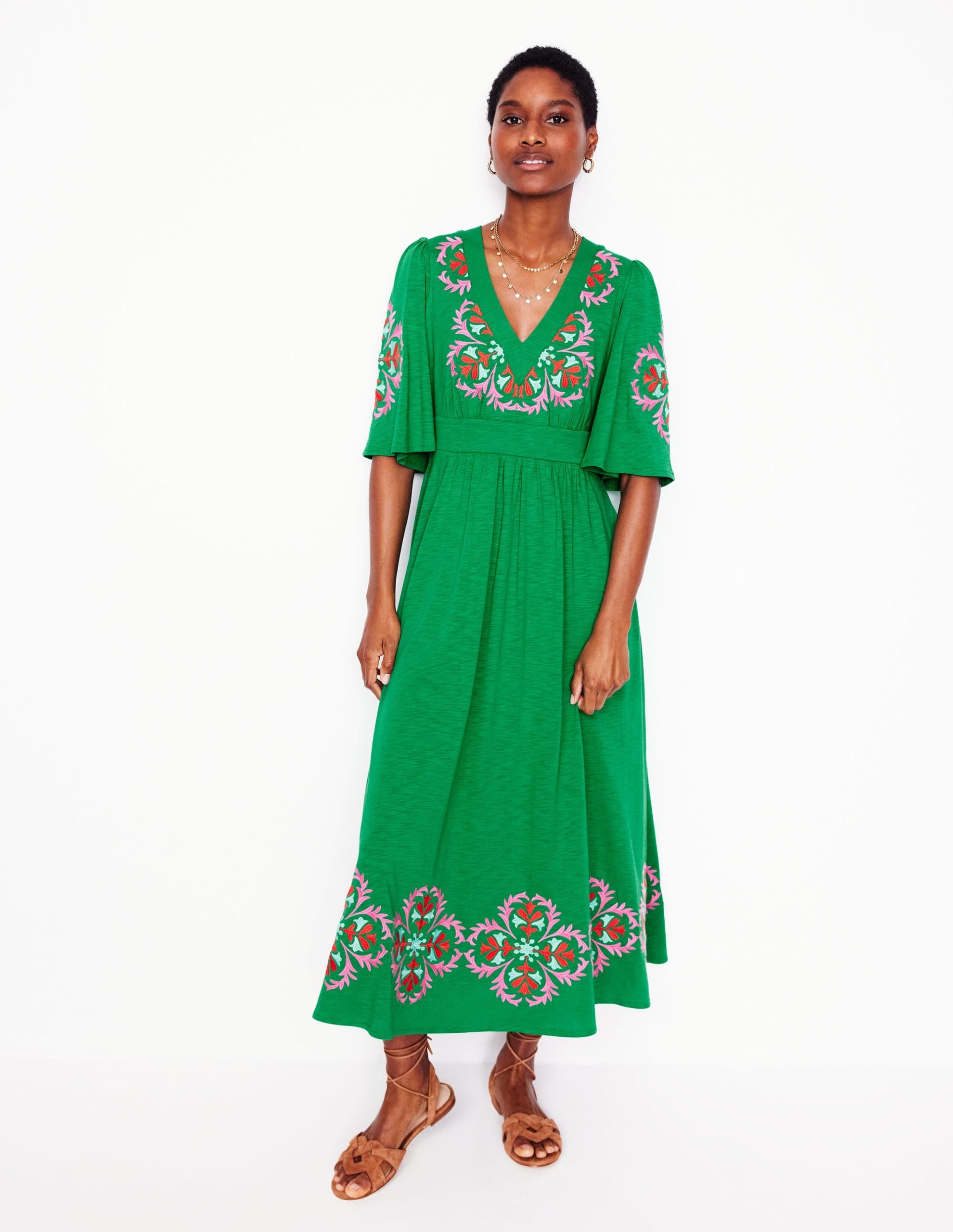 Maya Embroidered Kimono Dress-Rich Emerald. Embroidered - Image 4