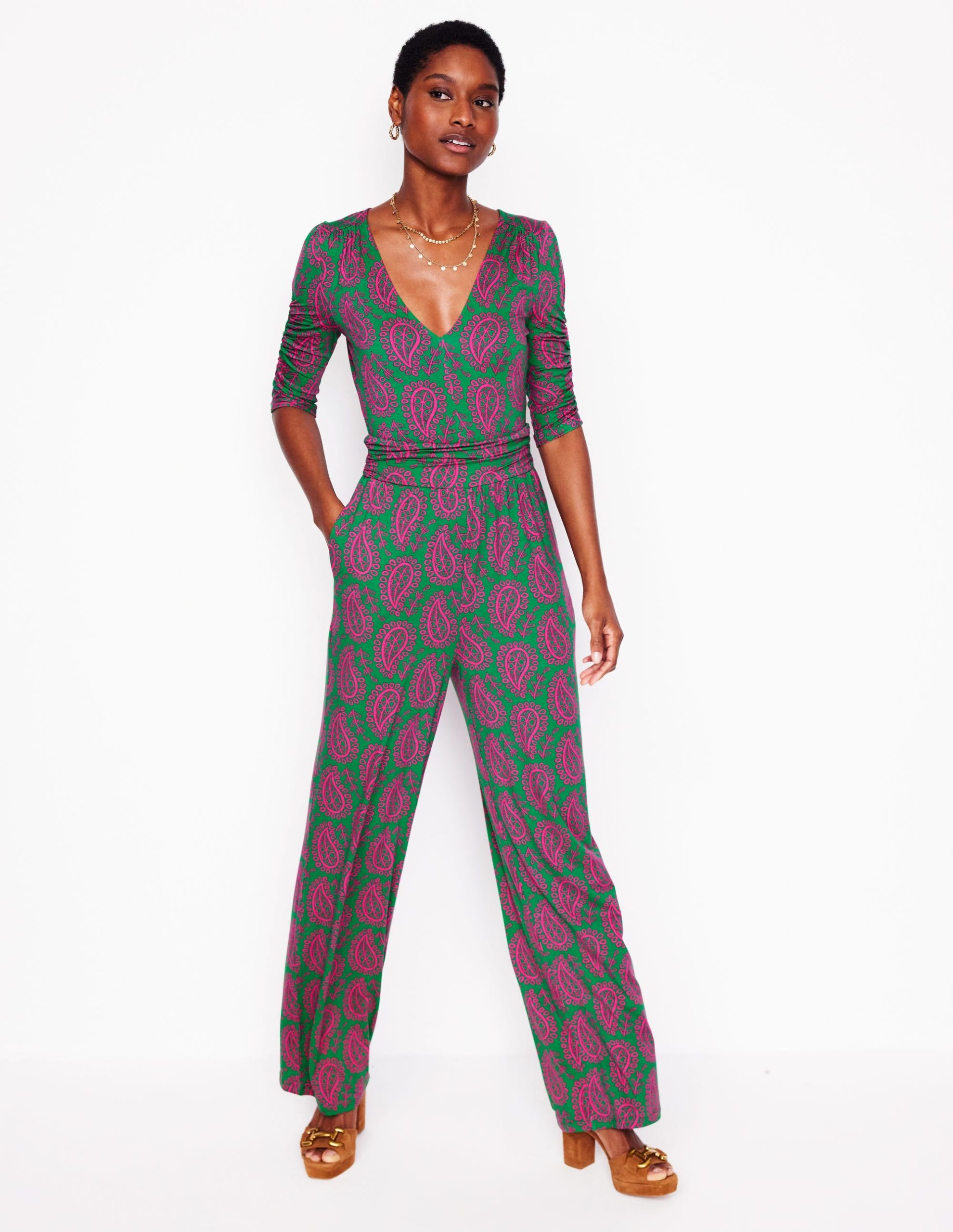 Ruched Waist Jumpsuit-Green. Paisley Heart