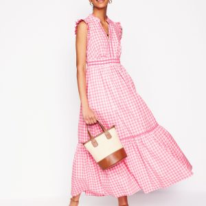 Wren Tiered Midi Dress-Salmon Pink Gingham