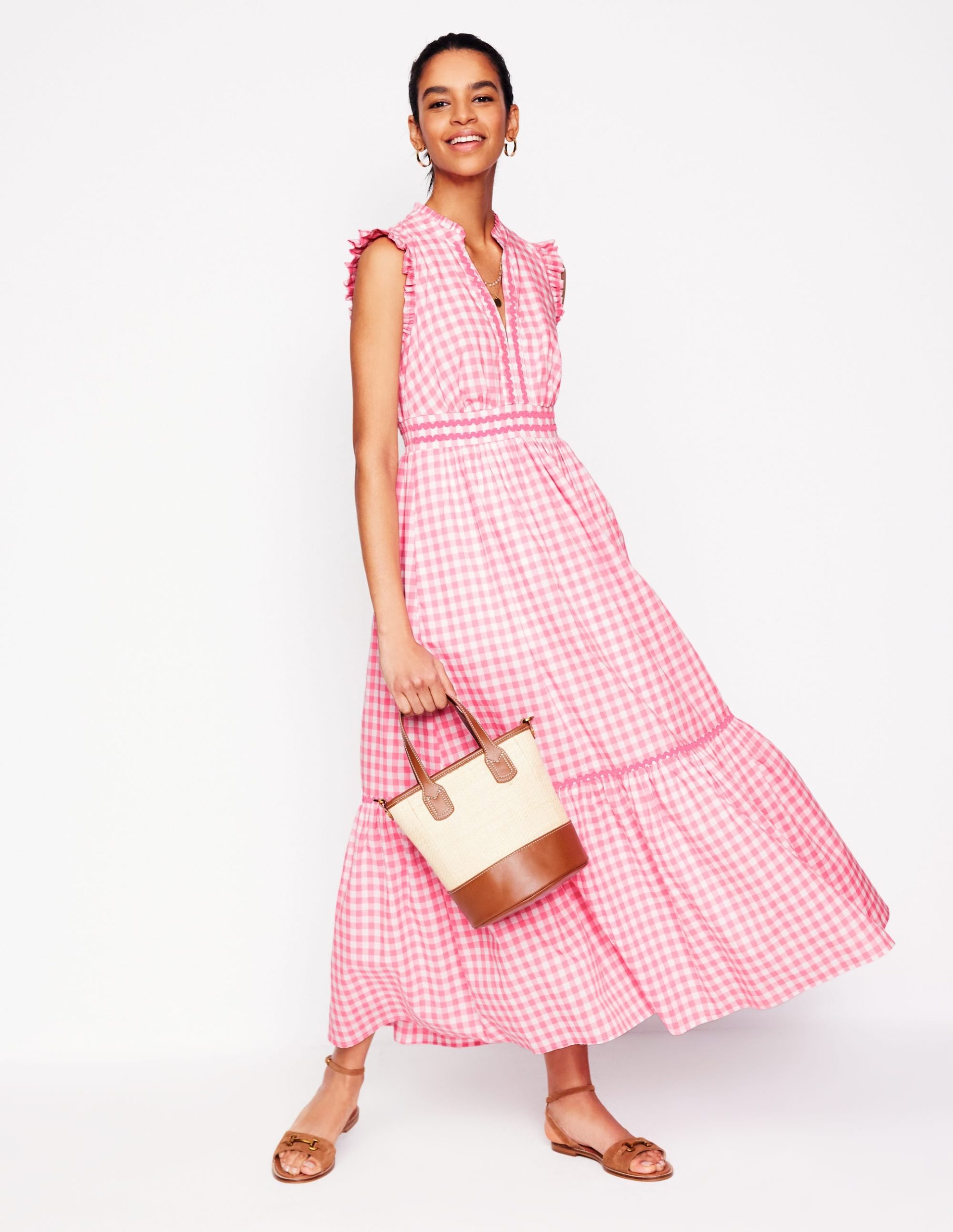 Wren Tiered Midi Dress-Salmon Pink Gingham