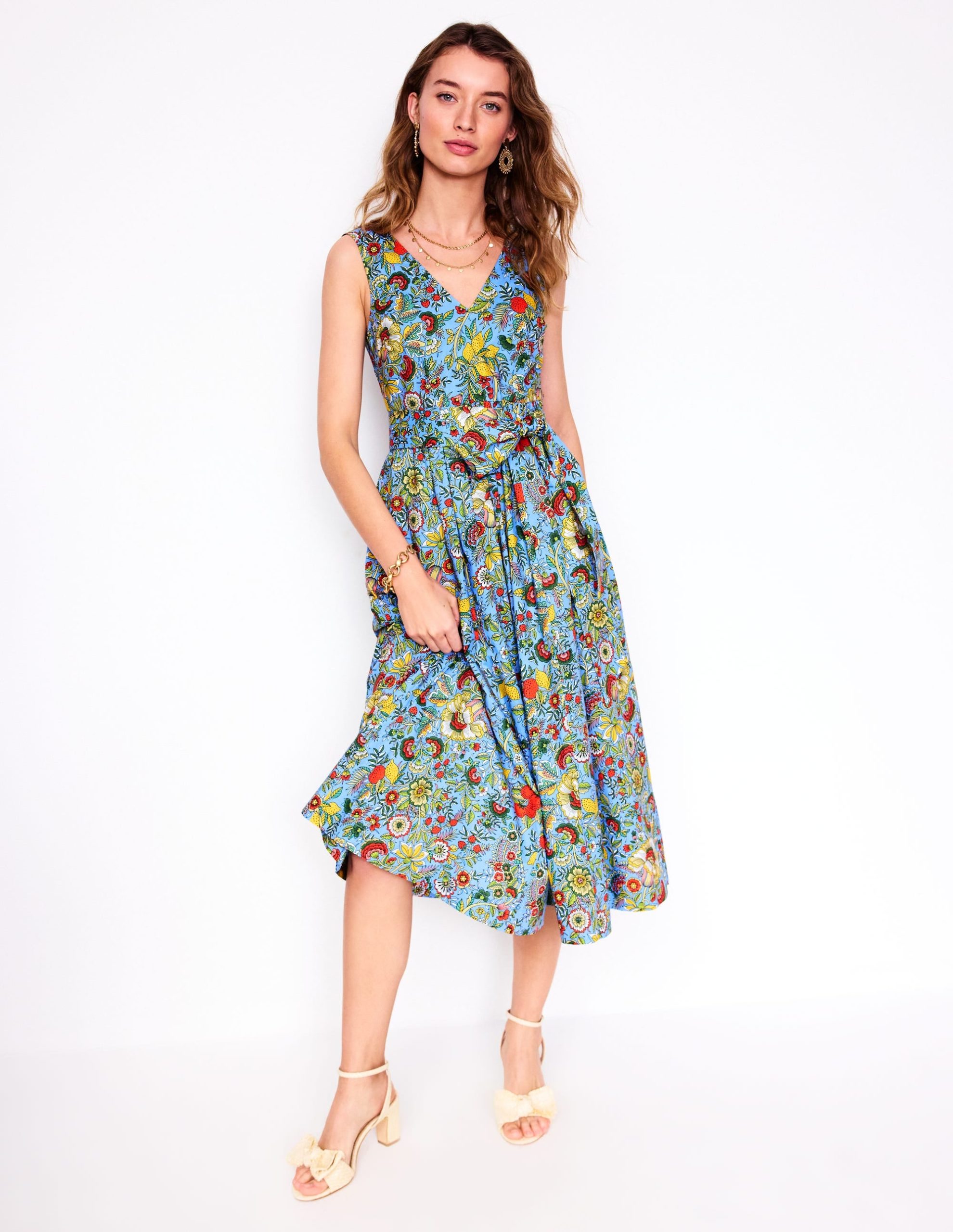 V-Neck Belted Flare Dress-Multi. Citrus Vine