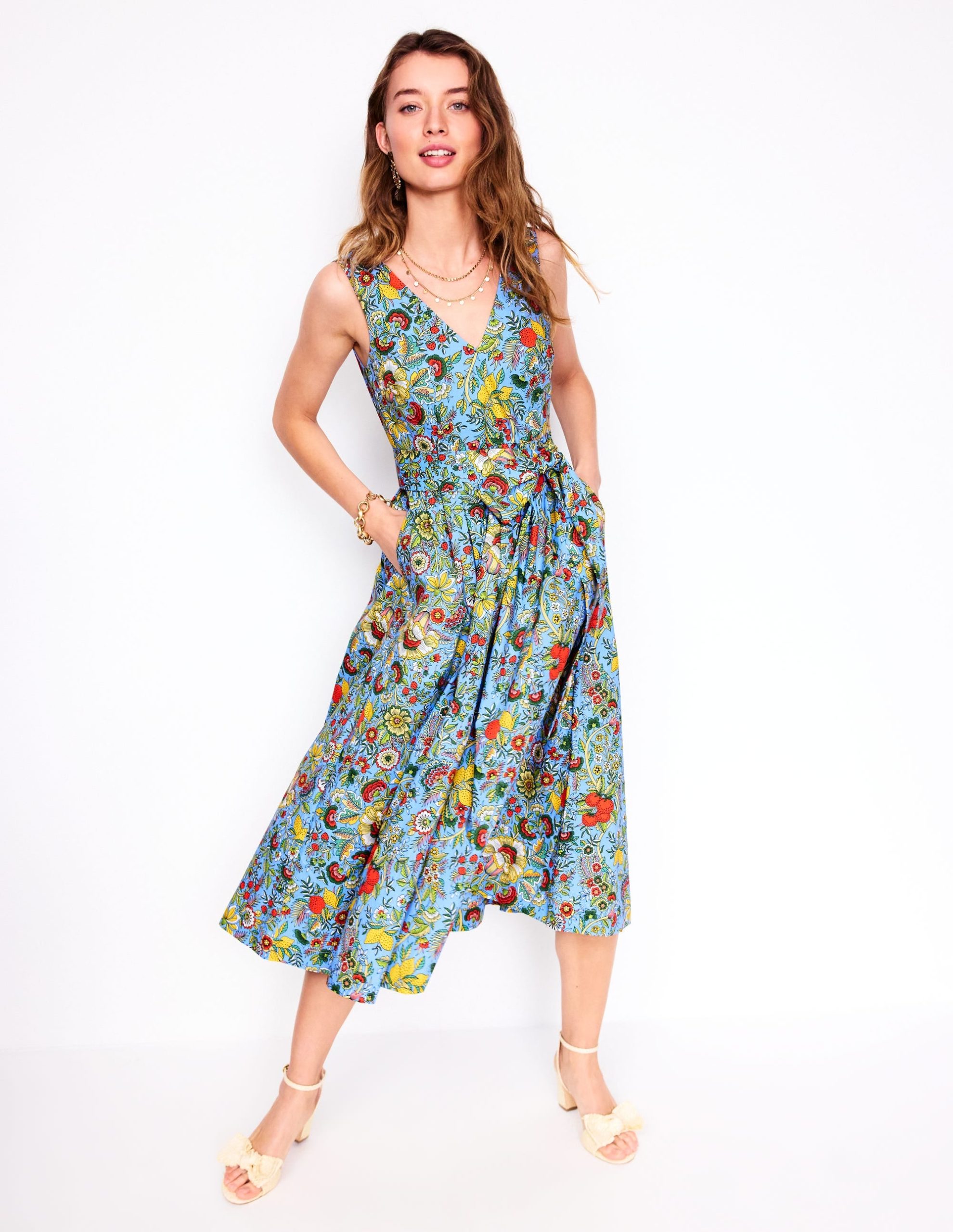 V-Neck Belted Flare Dress-Multi. Citrus Vine - Image 4