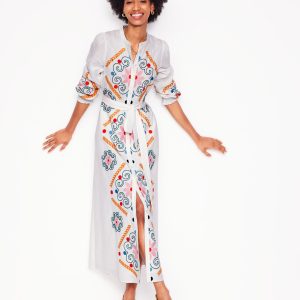 Ruby Linen Blend Shirt Dress-White Embroidery