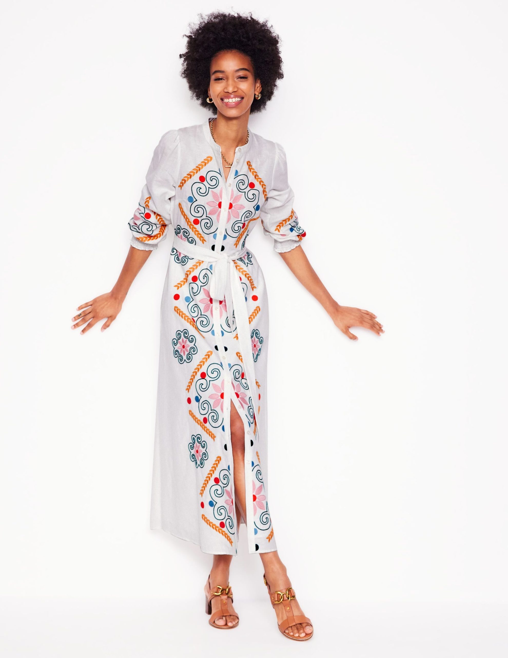 Ruby Linen Blend Shirt Dress-White Embroidery