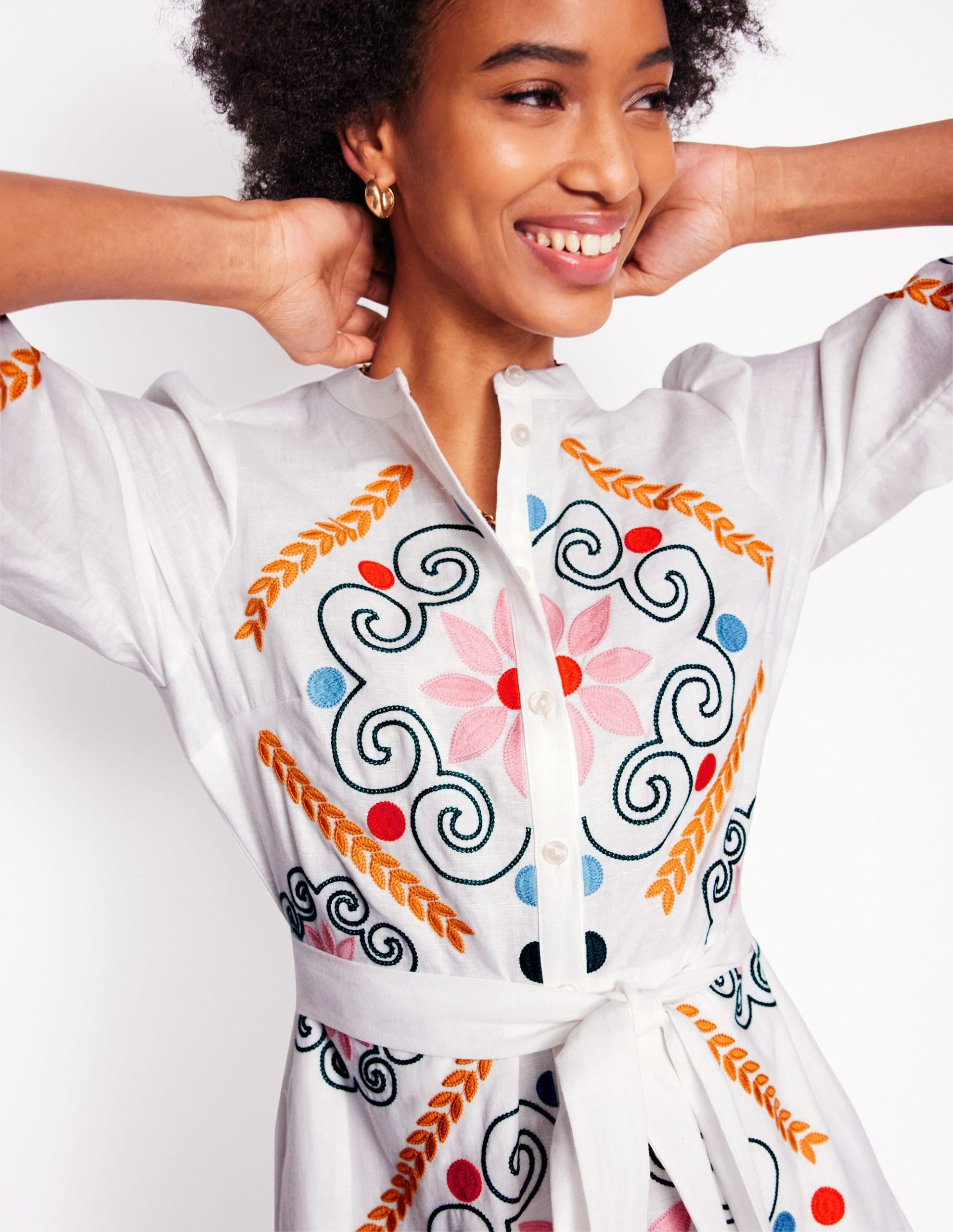 Ruby Linen Blend Shirt Dress-White Embroidery - Image 3