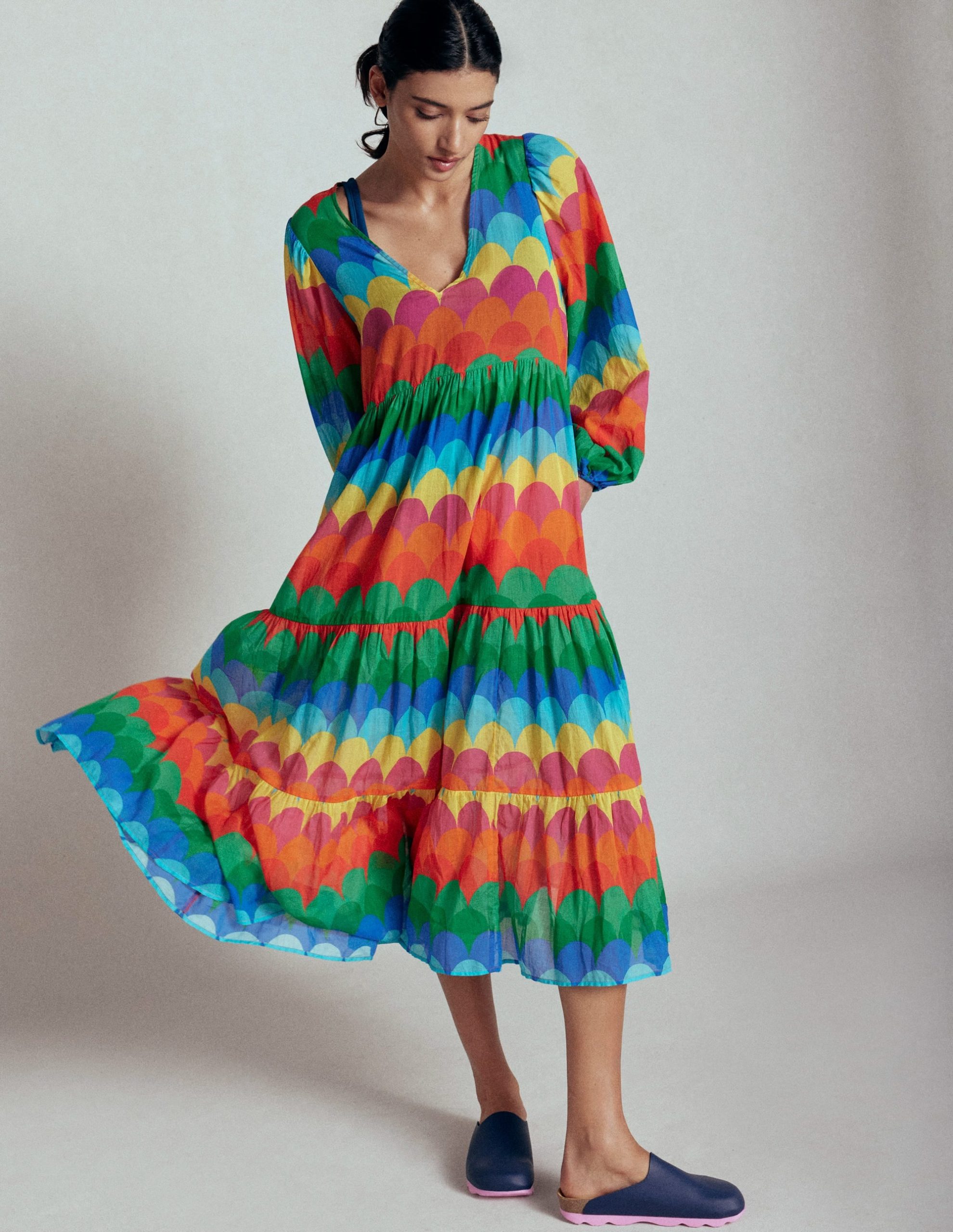 V-Neck Tiered Cotton Kaftan-Multi. Scallop Stripe - Image 3
