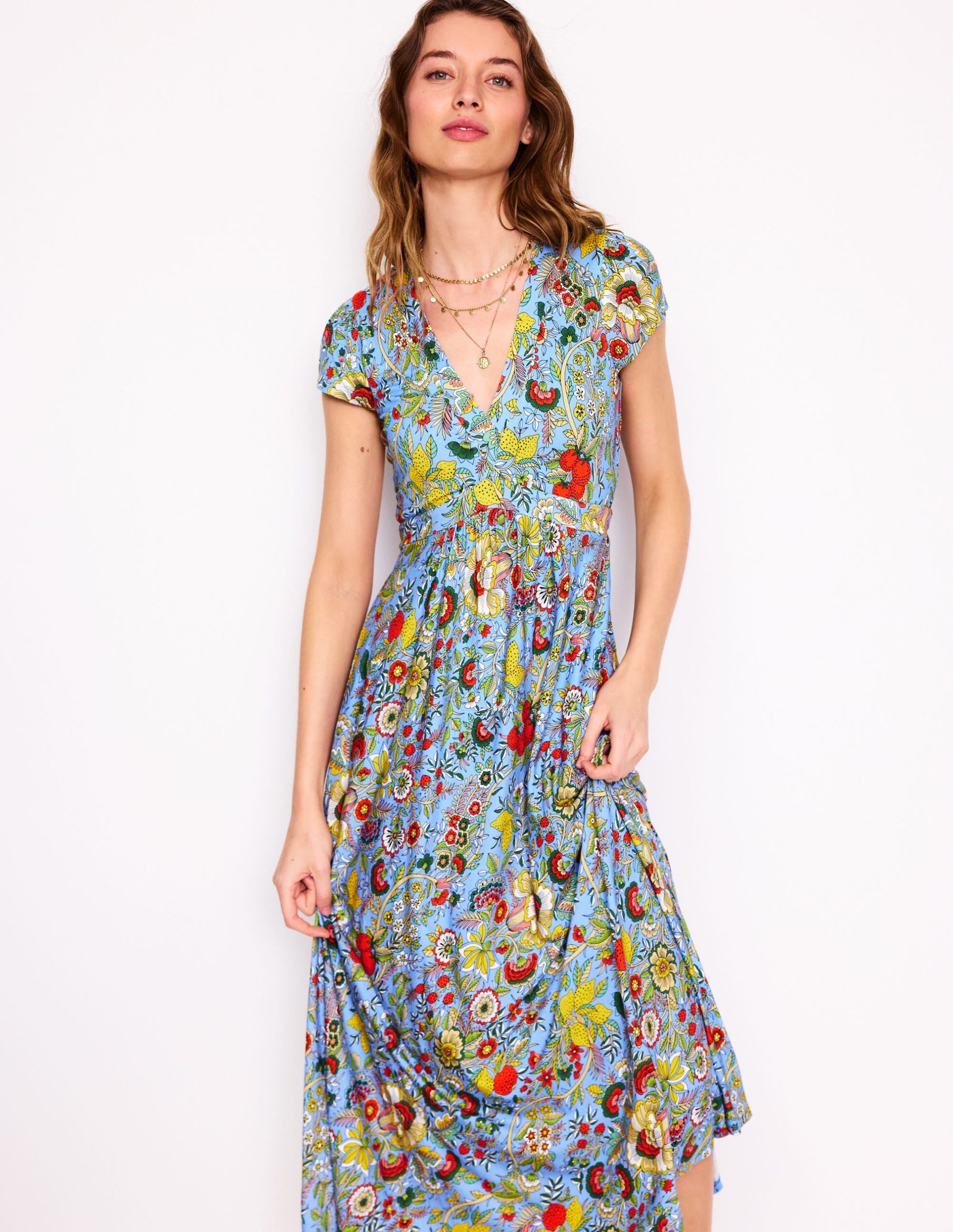 Bias Cut Jersey Midi Dress-Multi. Citrus Vine