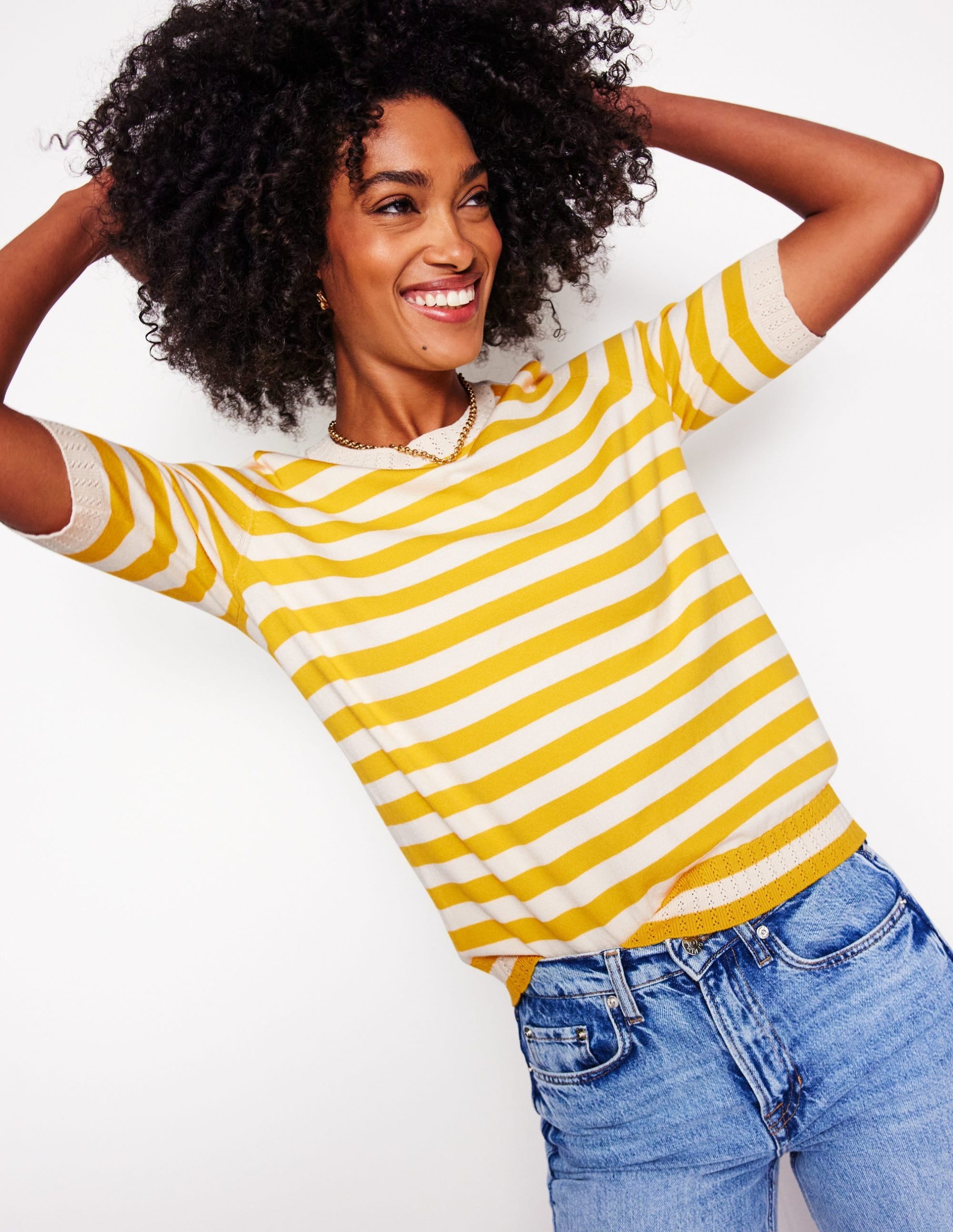 Emilia Cotton Crew T-shirt-Yellow and Ivory Stripe - Image 2