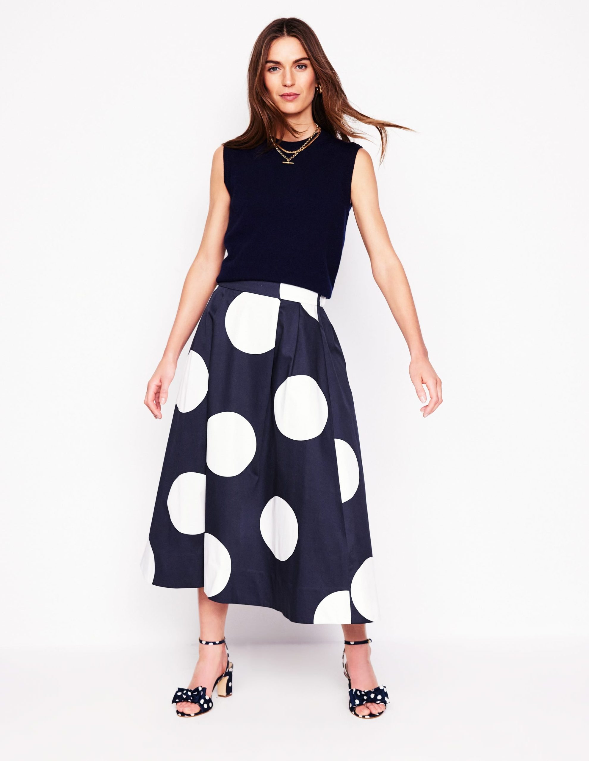 Isabella Cotton Sateen Skirt-Navy Spots