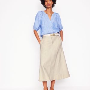 Panelled Full Denim Skirt-Ecru