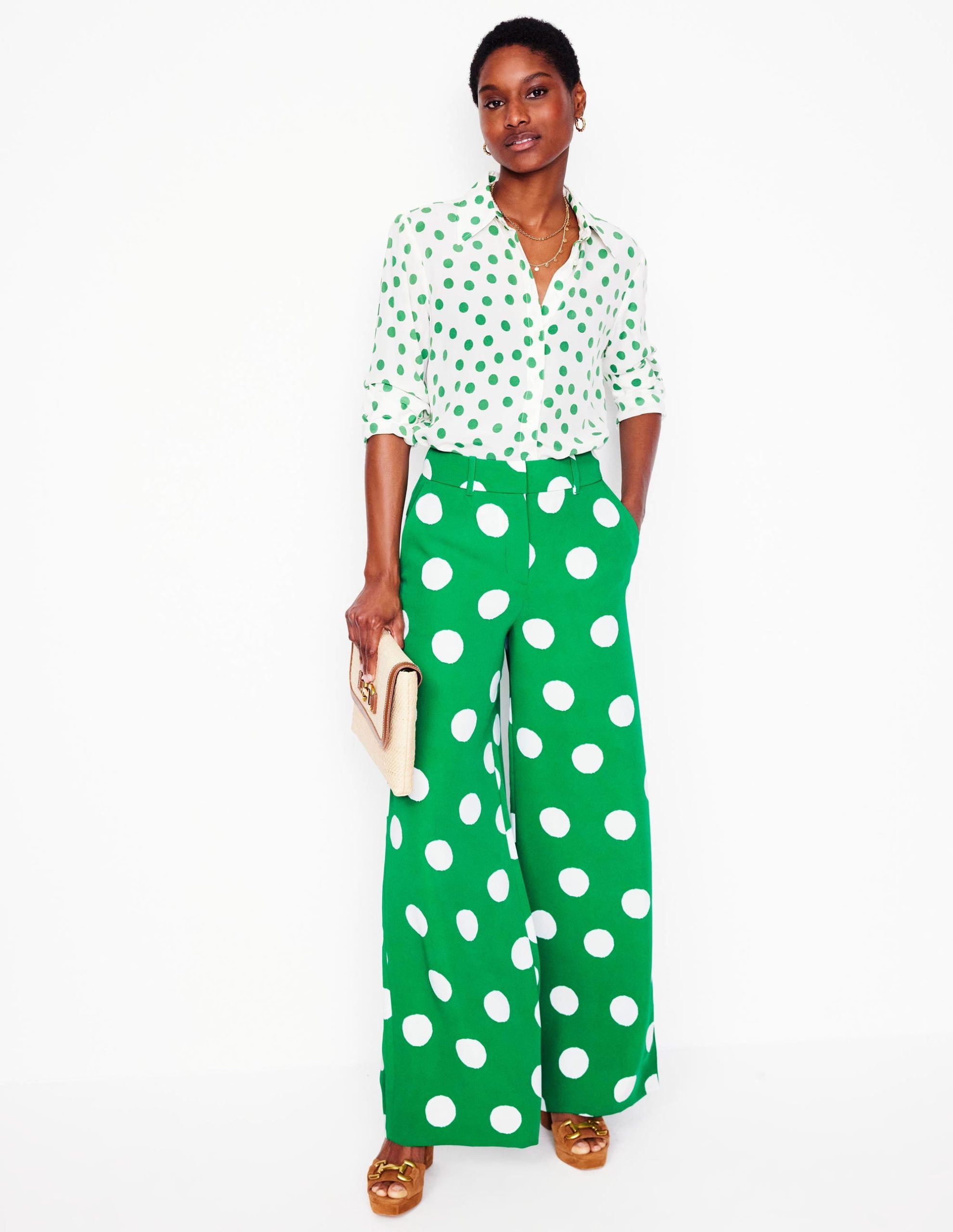 Wide Leg Trousers-Rich Emerald. Abstract Dot