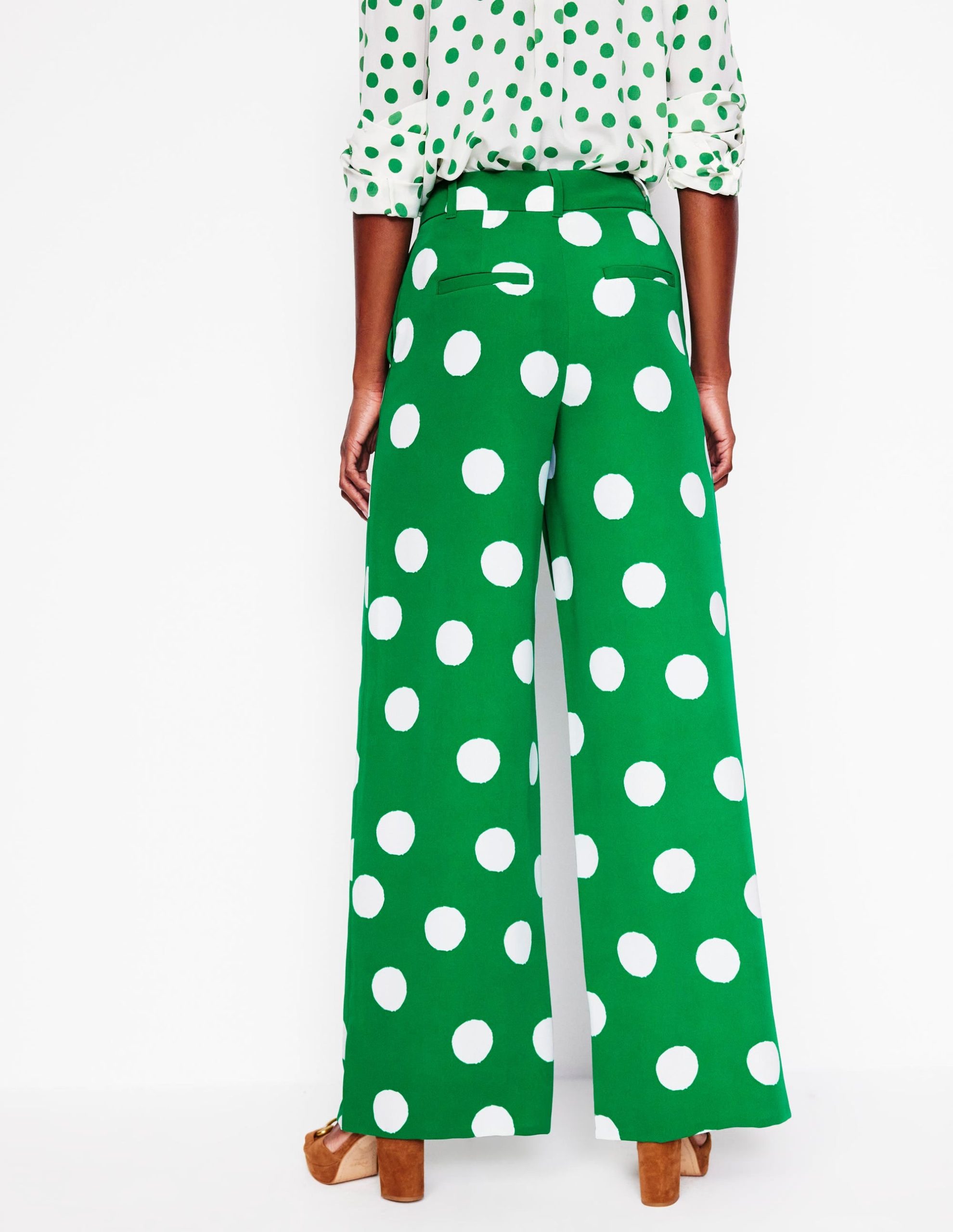 Wide Leg Trousers-Rich Emerald. Abstract Dot - Image 4