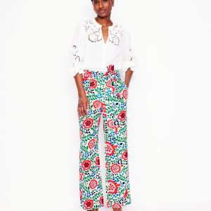 Belted Linen Pants-Multi. Foliage Scatter
