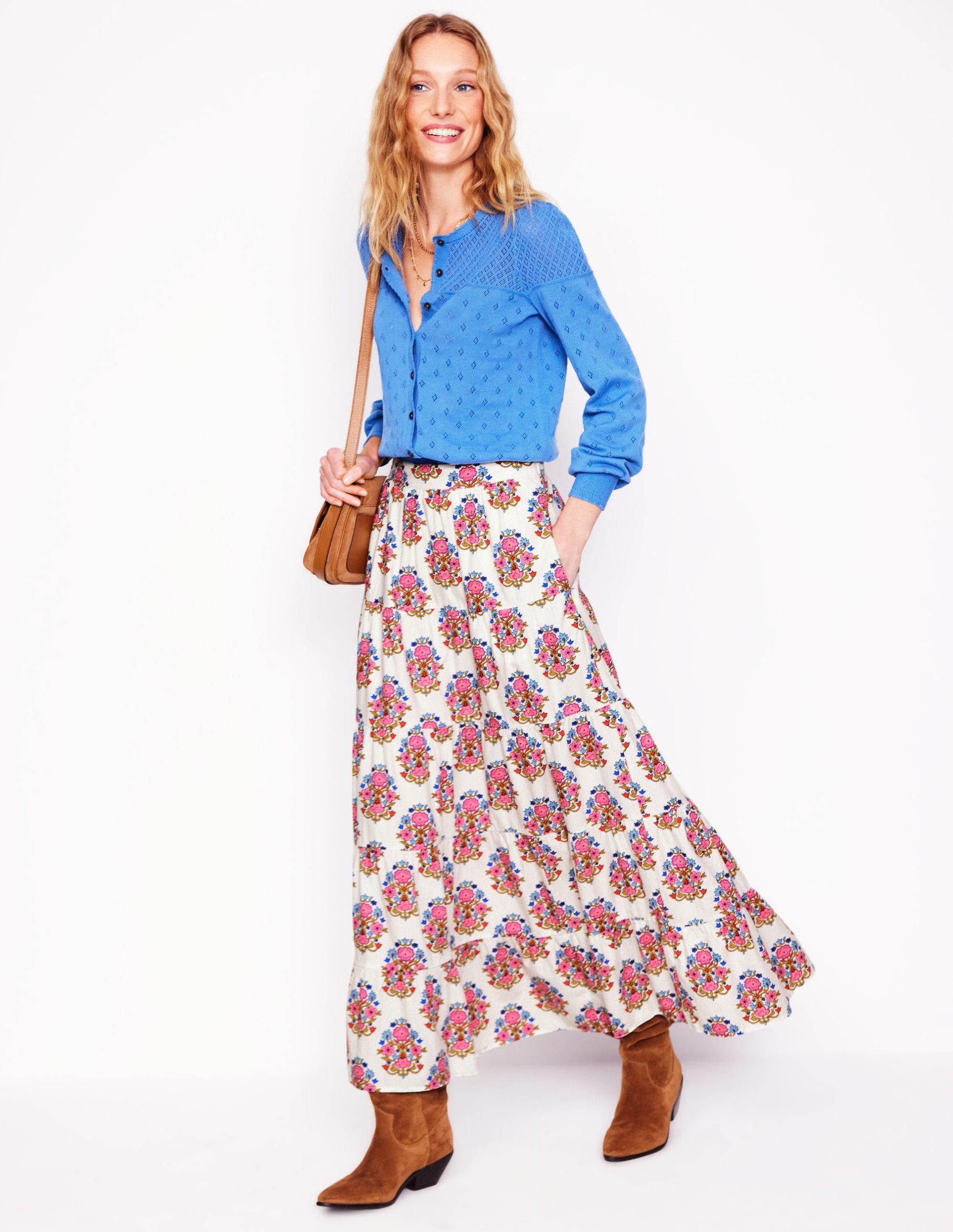 Nadia Poplin Maxi Skirt-Ivory. Wildflower Stamp