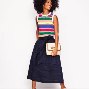 Pintuck Linen Midi Skirt-Navy