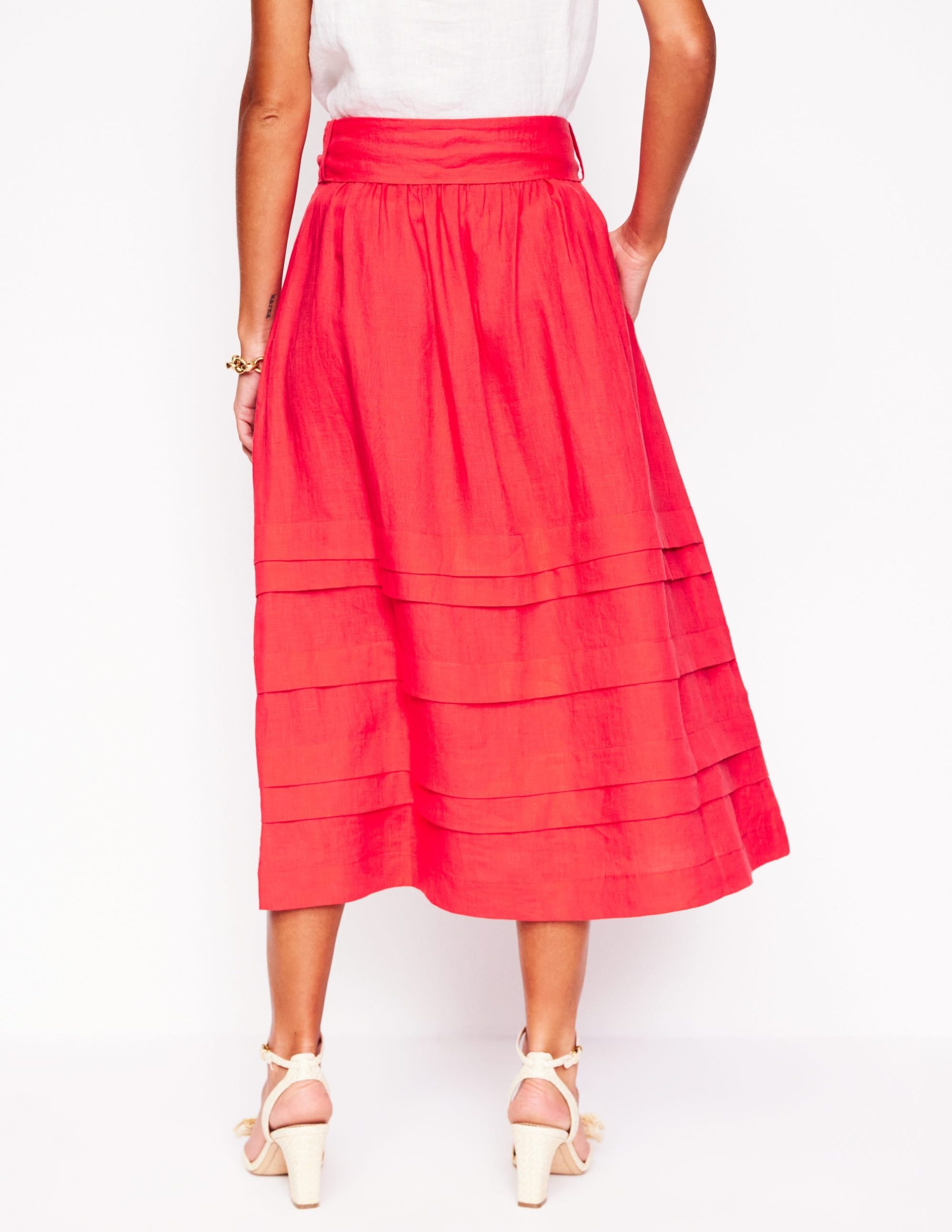 Pintuck Linen Midi Skirt-Strawberry Tart Red - Image 3