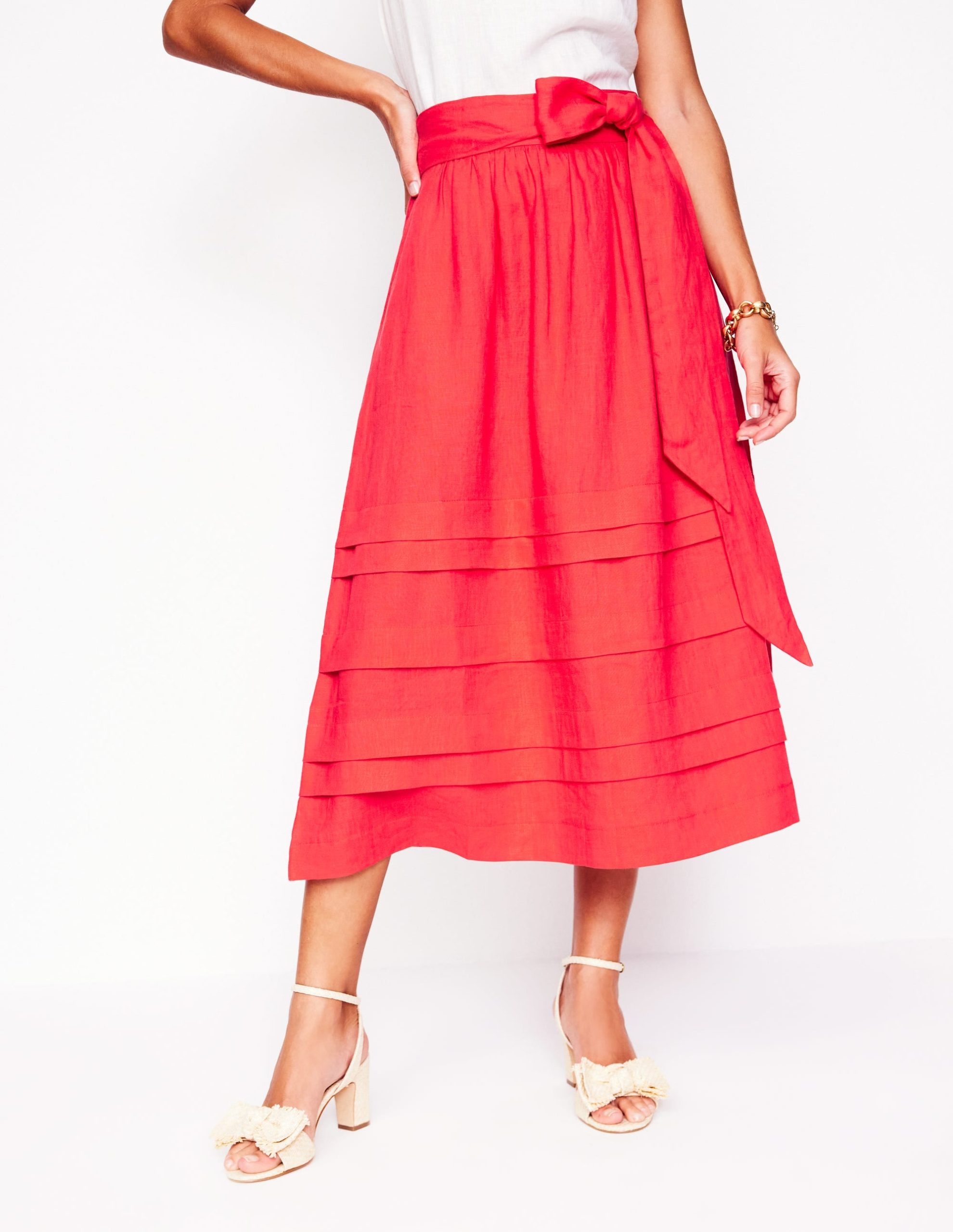 Pintuck Linen Midi Skirt-Strawberry Tart Red - Image 4