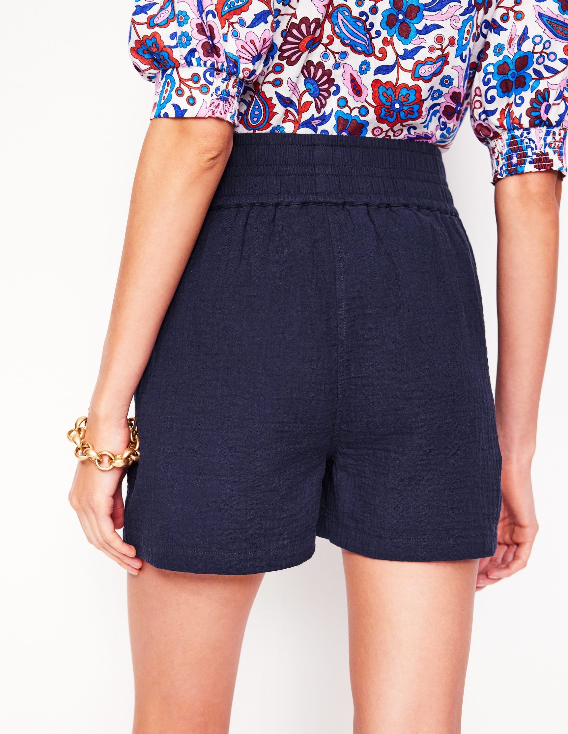 Smocked Double Cloth Shorts-Navy - Image 3