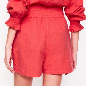 Smocked Double Cloth Shorts-Jam Red