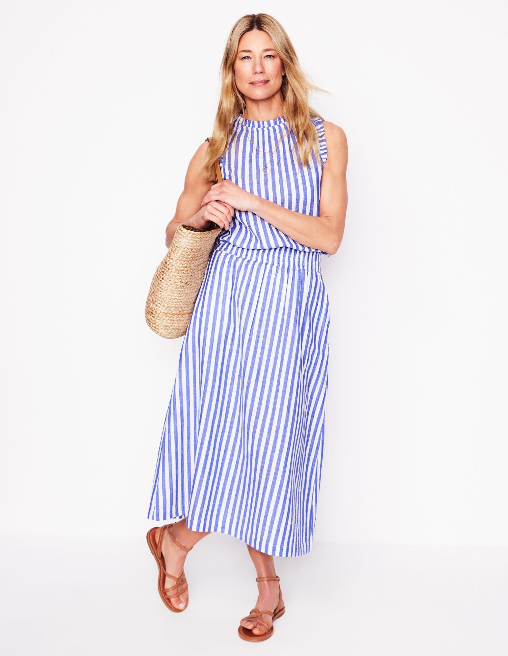 Double Cloth Smocked Skirt-Bright Blue Stripe