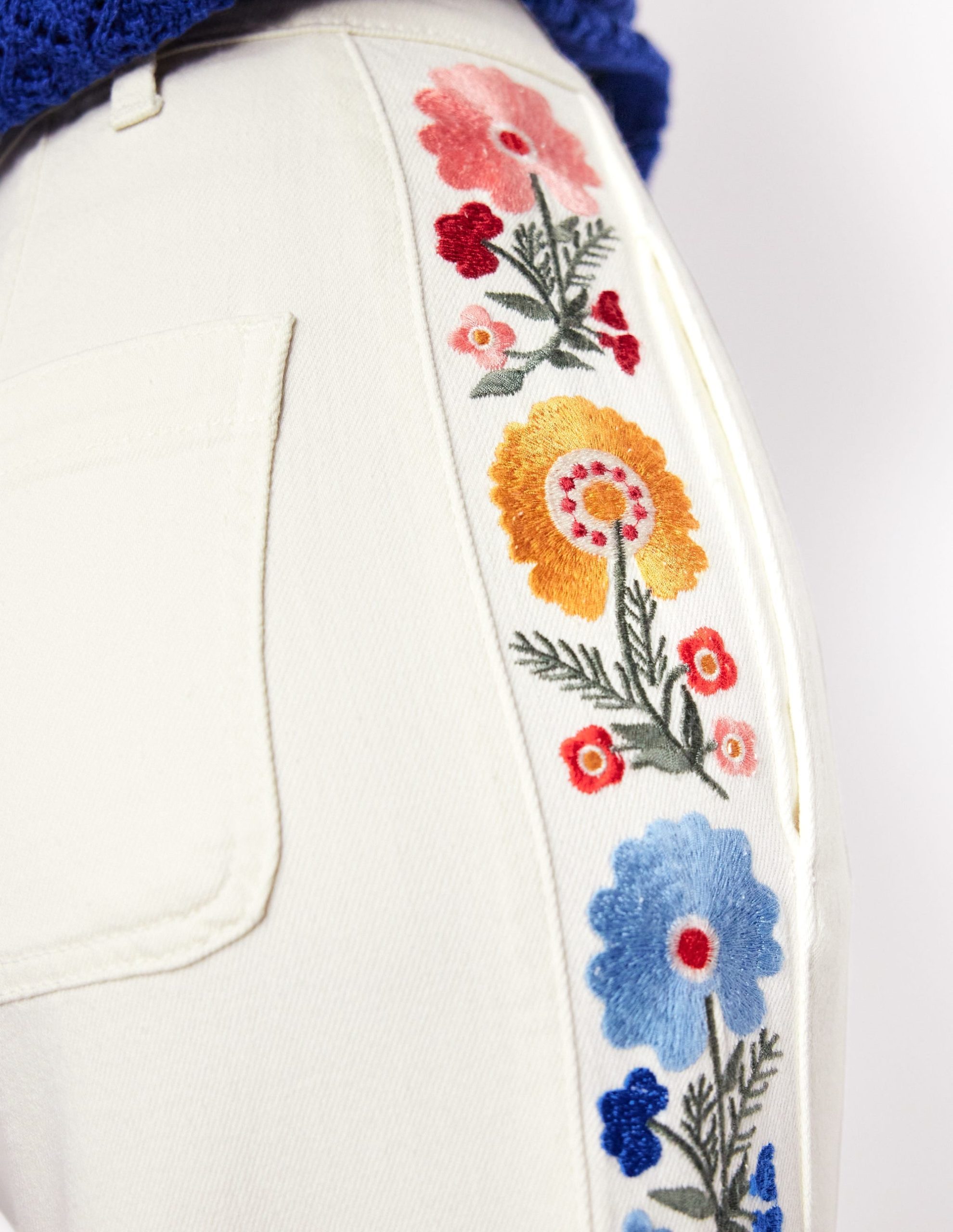 Cropped Embroidered Jeans-Ivory Embroidery - Image 3