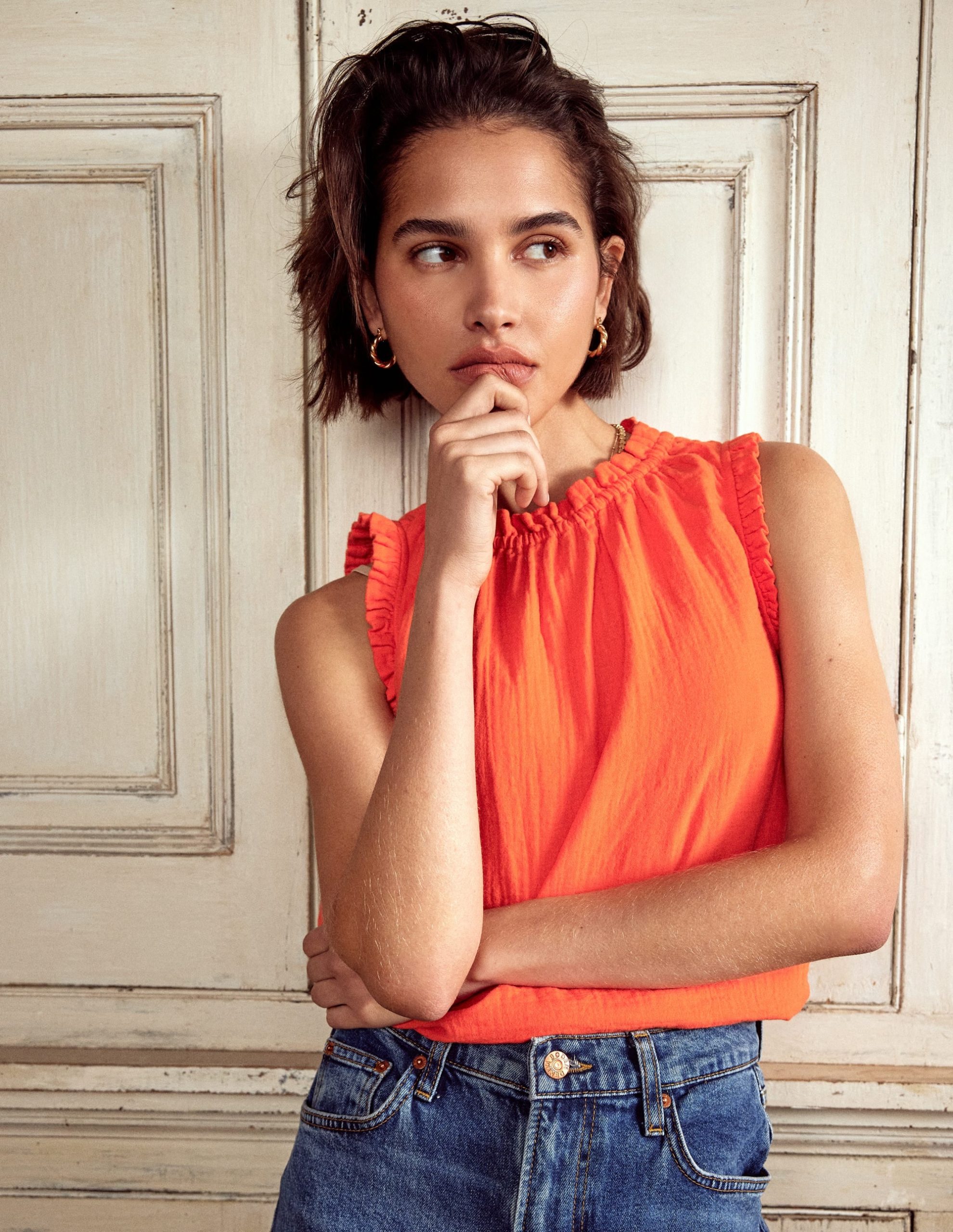 Sophie Ruffle Double Cloth Top-Gladioli Orange
