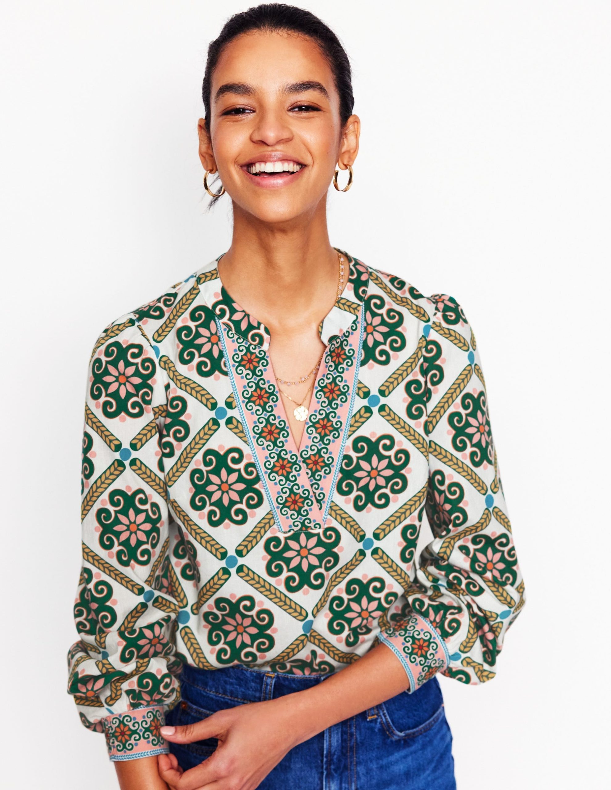 Cotton Notch Neck Top-Ivory. Baroque Tile