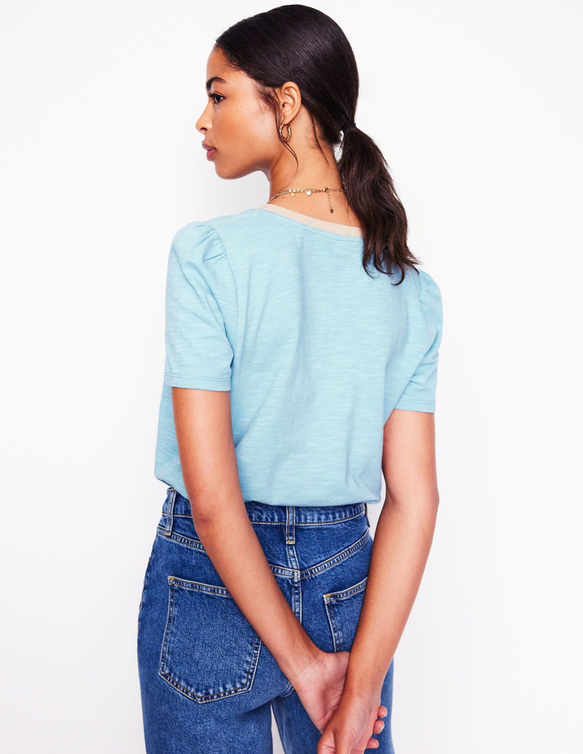 Metallic Trim V Neck T-shirt-Soft Blue - Image 5